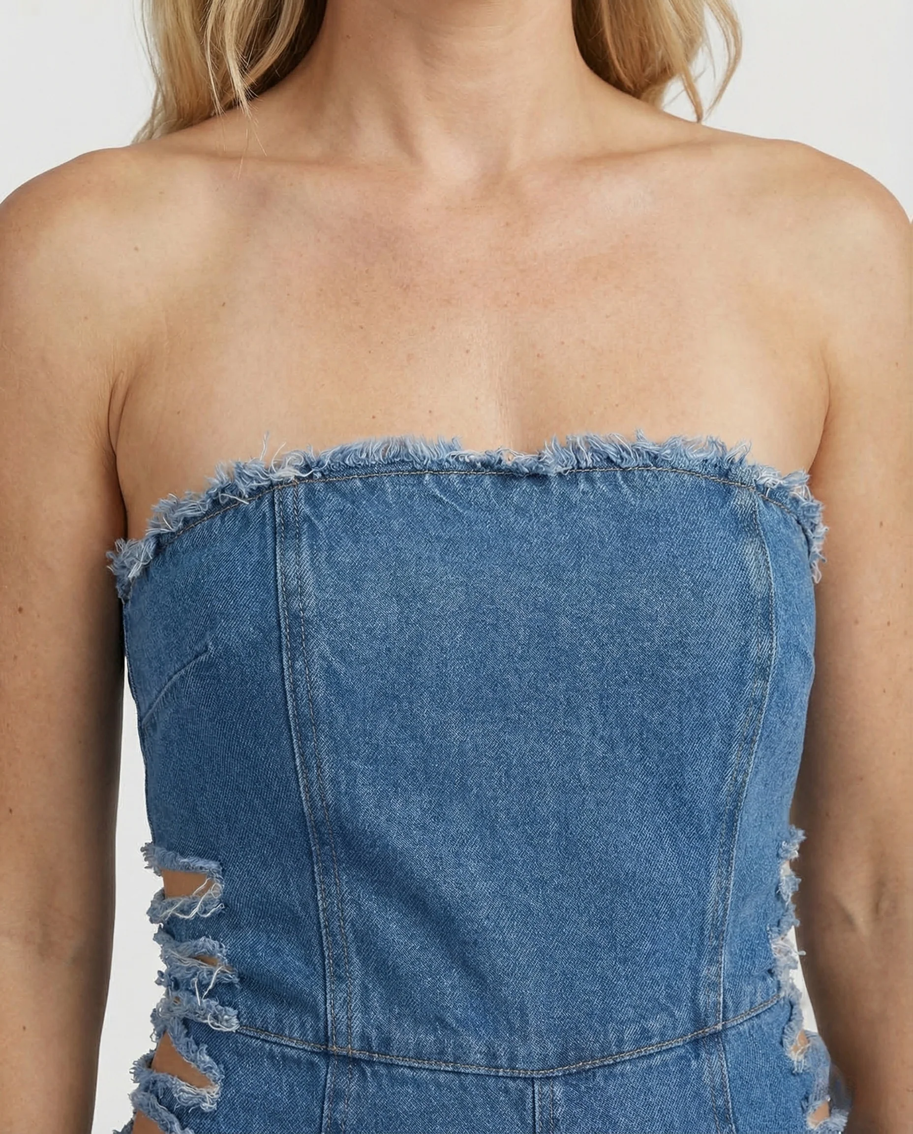 Damen Denim Short Overall Fransen - Image 2