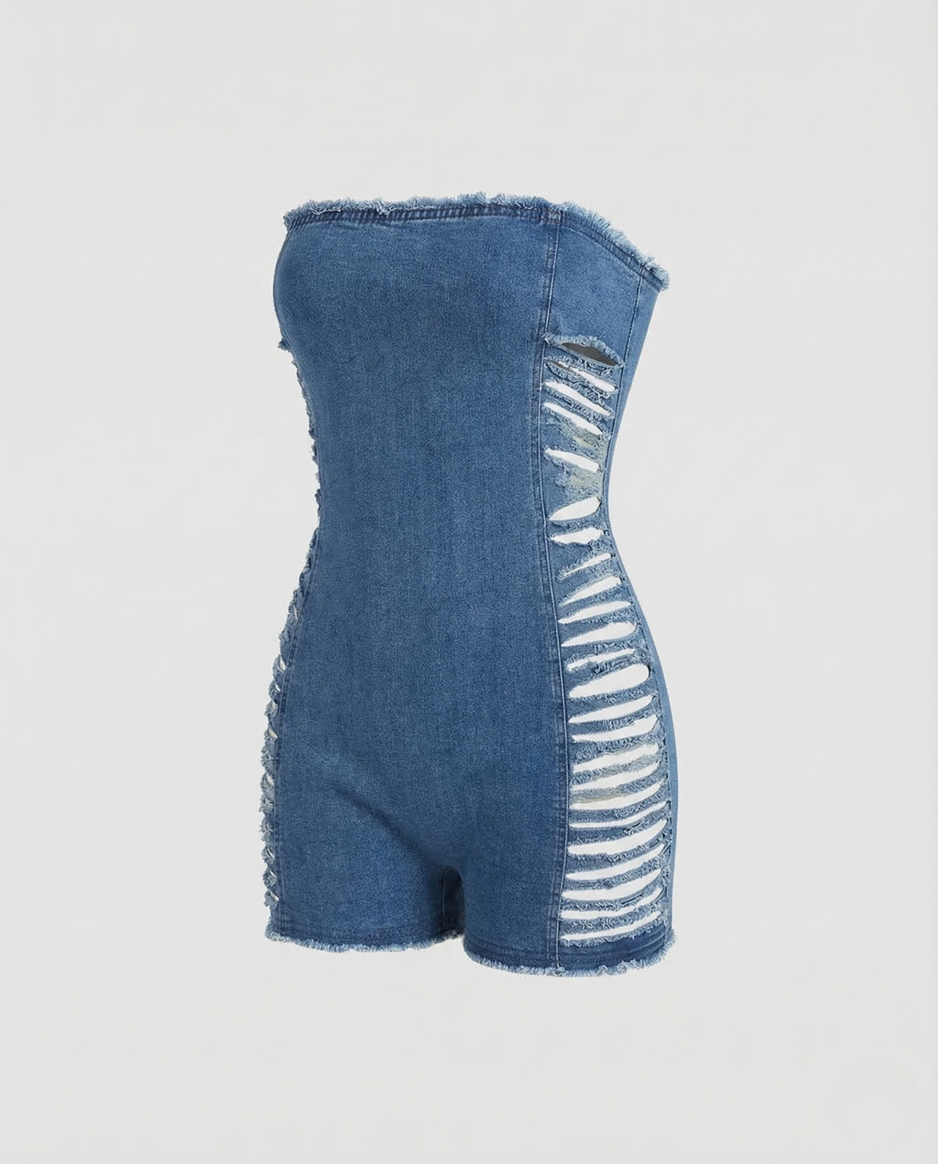 Damen Denim Short Overall Fransen - Image 4