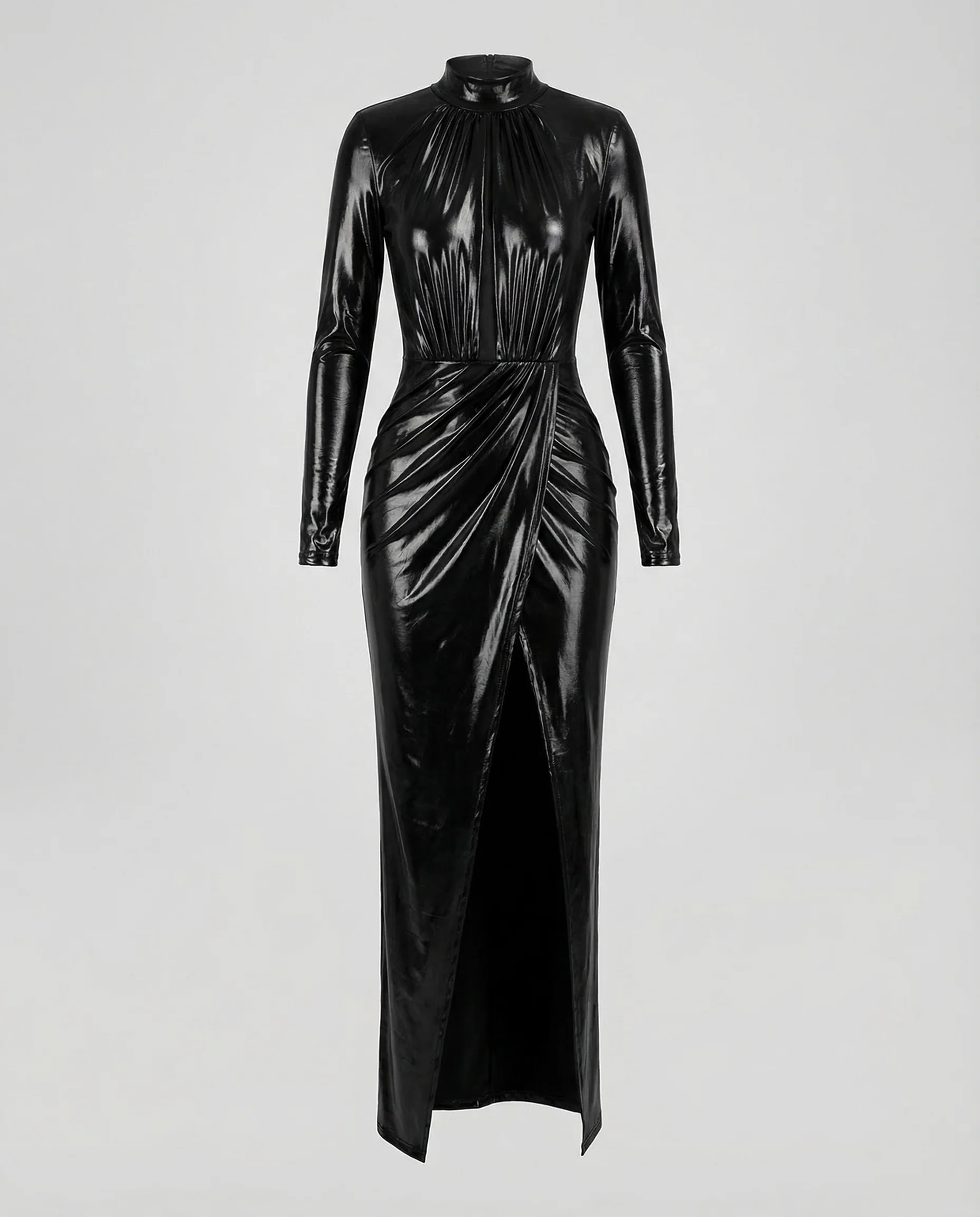 Damen Lack Abendkleid Stehkragen Schlitz - Image 5