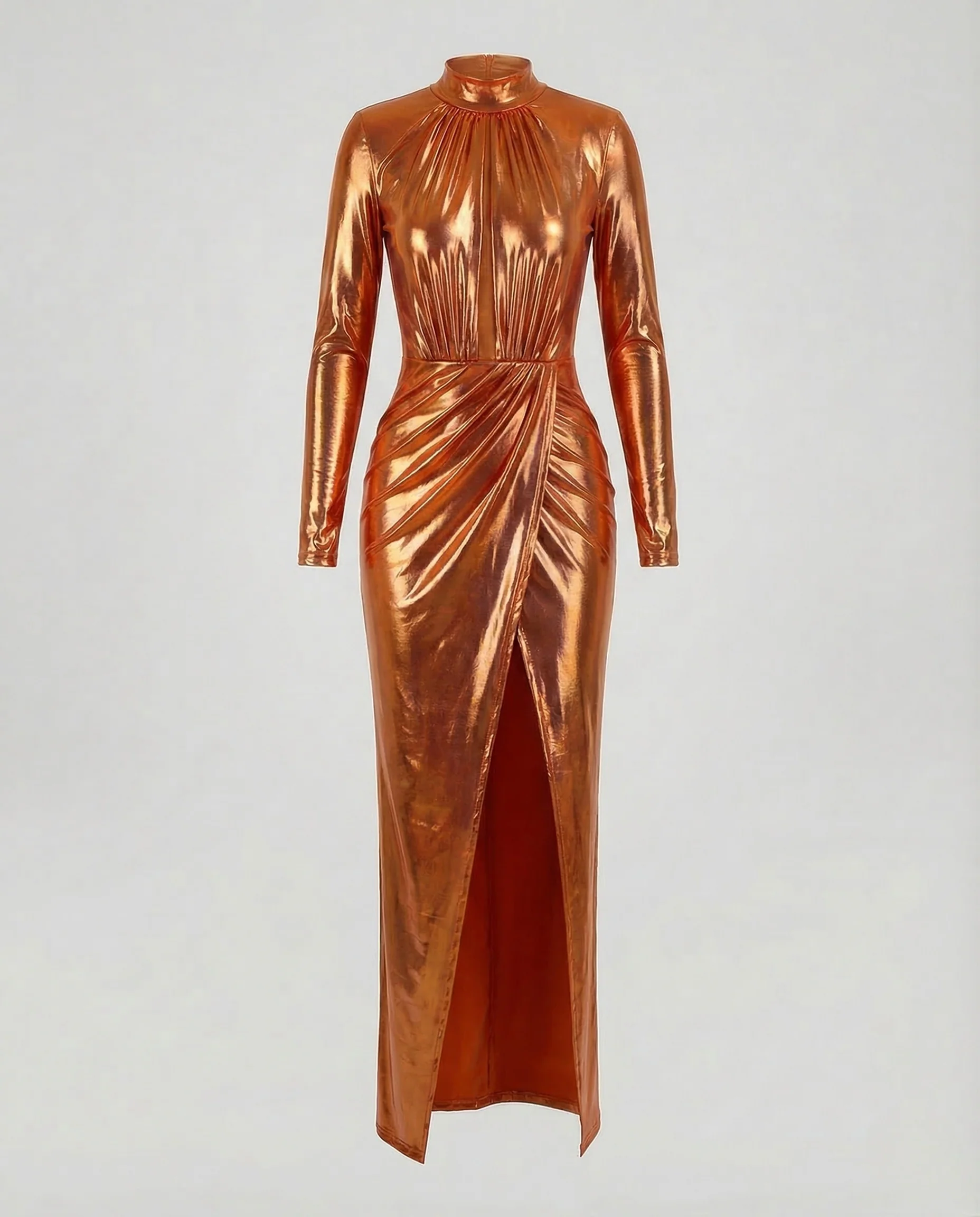 Damen Lack Abendkleid Stehkragen Schlitz - Image 7