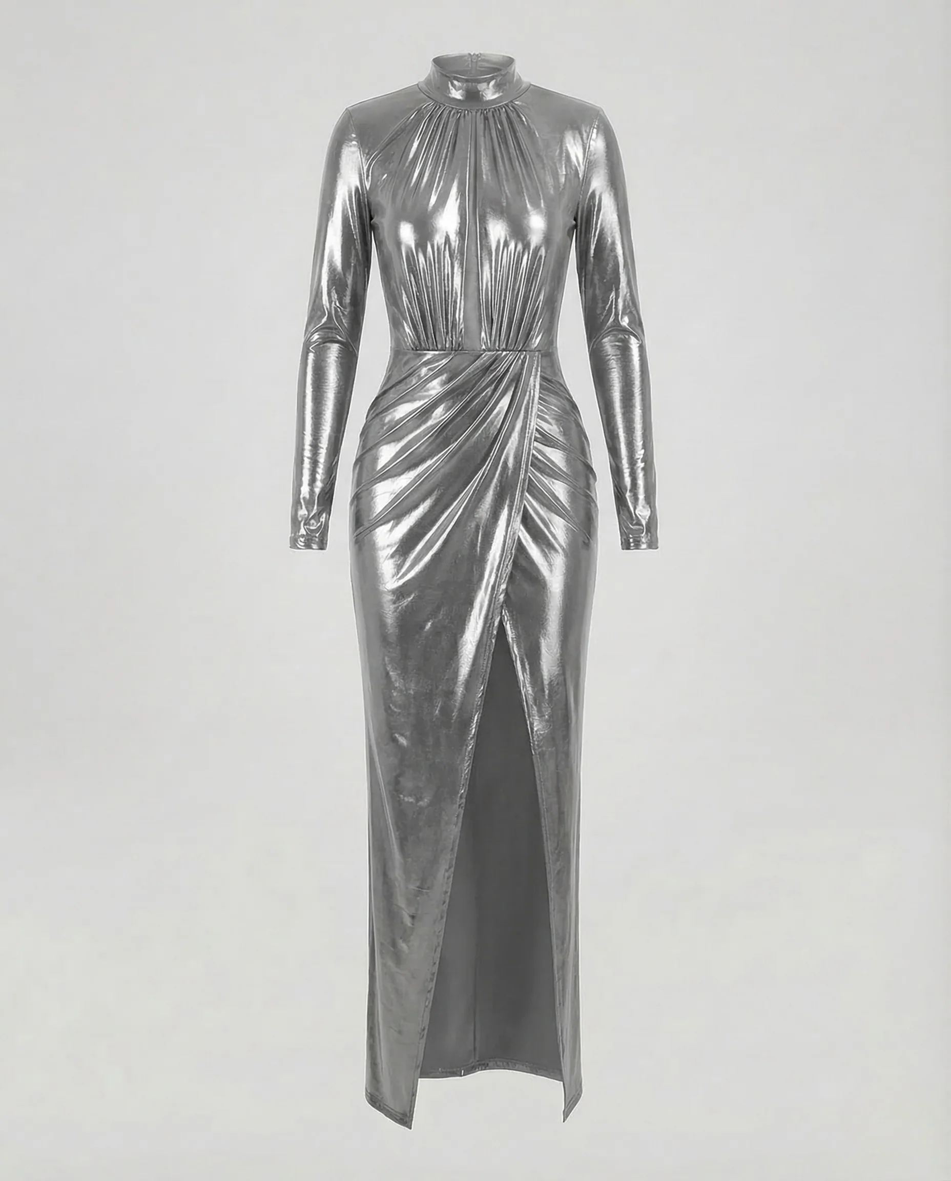 Damen Lack Abendkleid Stehkragen Schlitz - Image 8