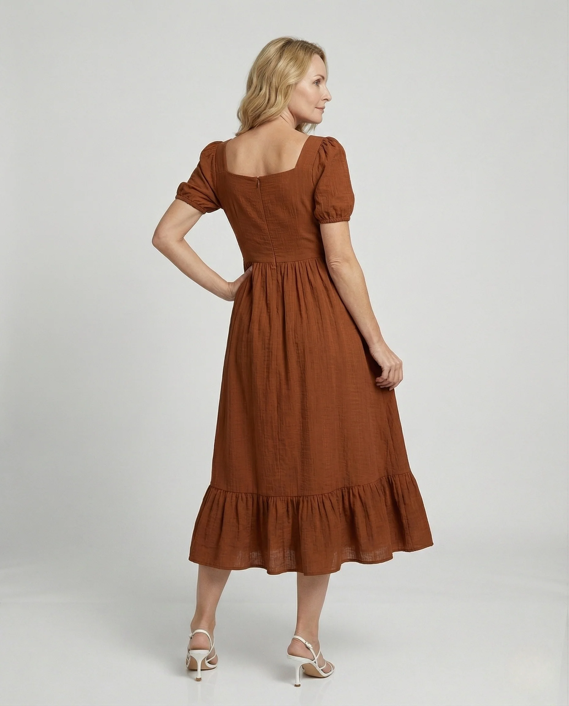 Damen Baumwoll-Leinen Maxikleid mit Puffärmeln - Image 2