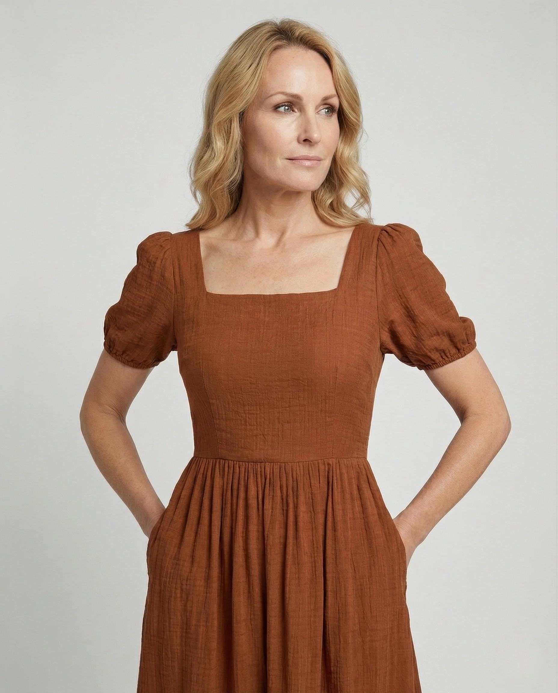 Damen Baumwoll-Leinen Maxikleid mit Puffärmeln - Image 3