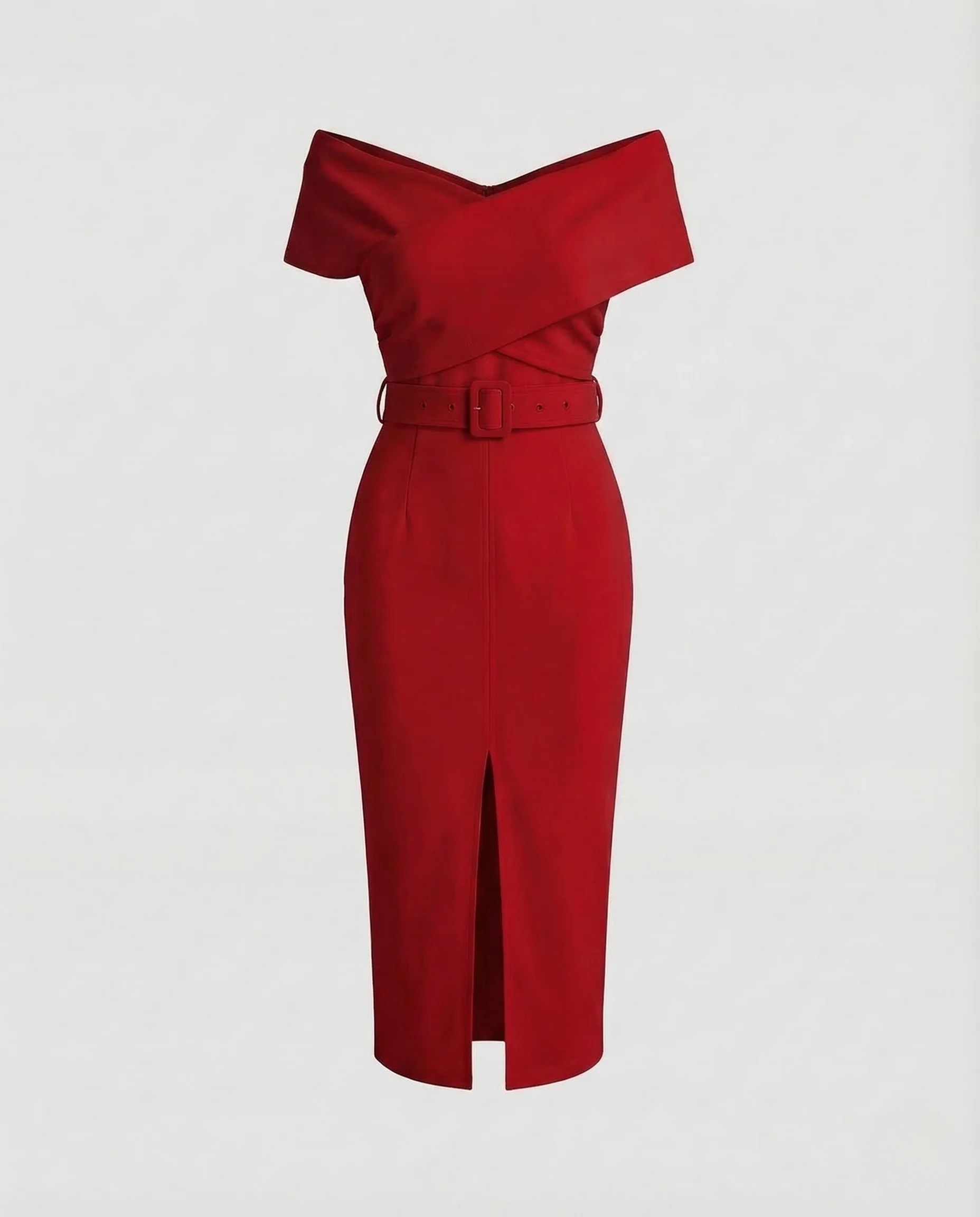 Damen Etuikleid Carmenkragen Gürtel Schlitz - Image 10
