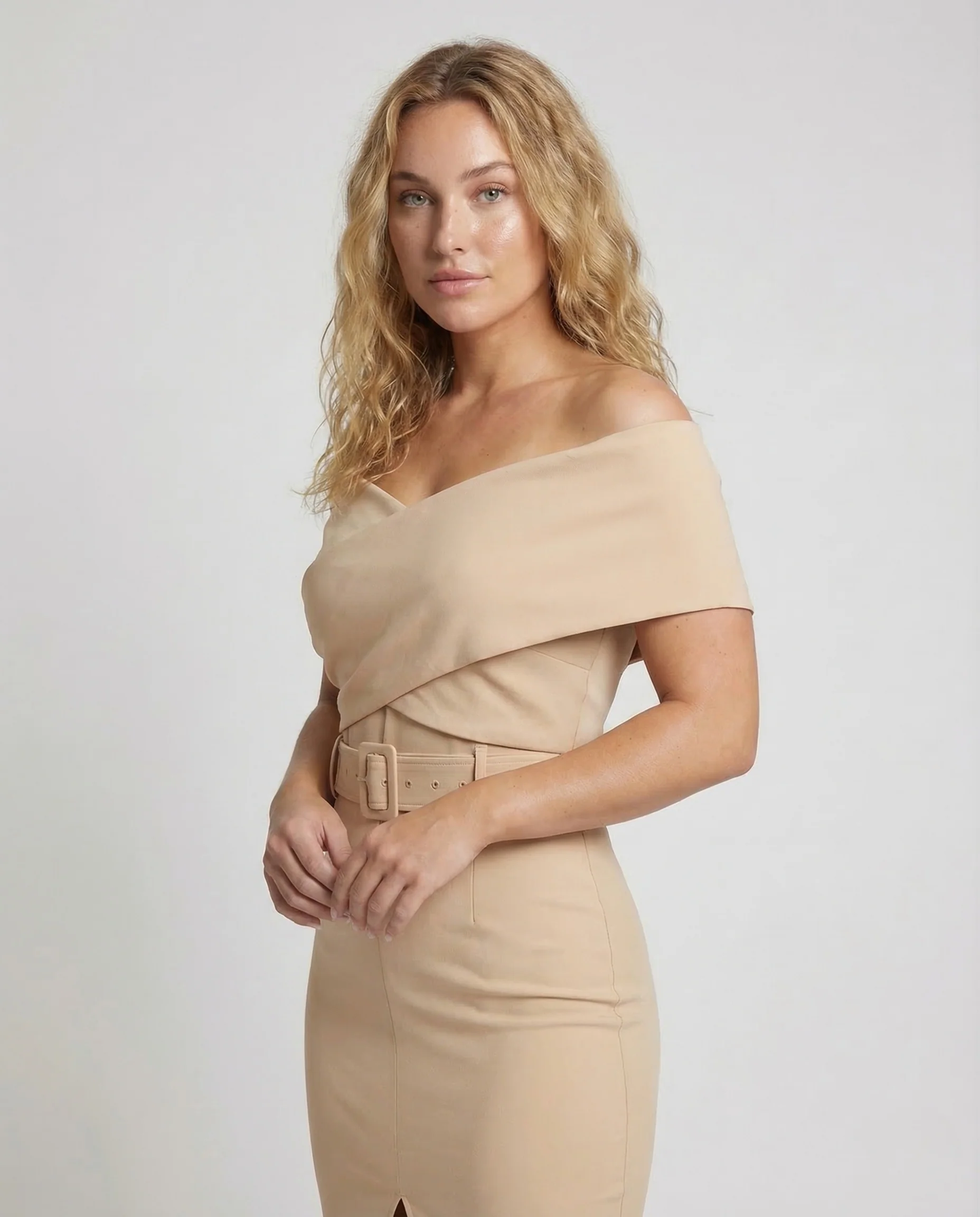 Damen Etuikleid Carmenkragen Gürtel Schlitz - Image 2