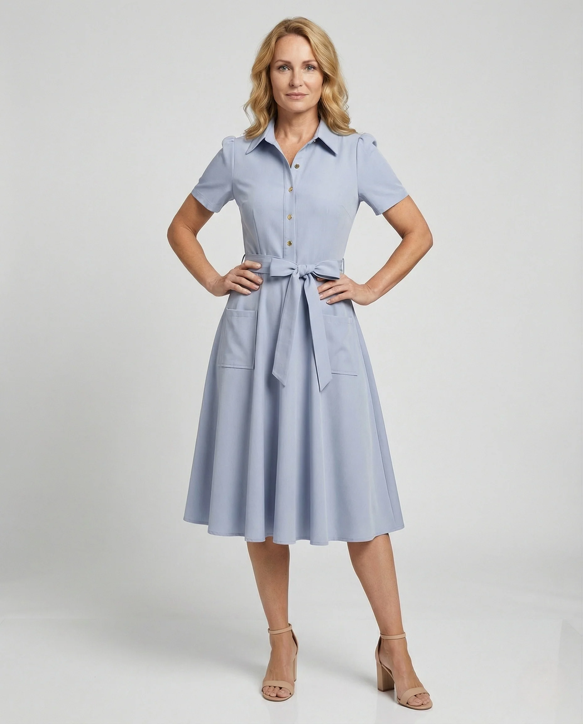 Damen Hemdblusenkleid mit Tellerrock und Taschen - Image 2