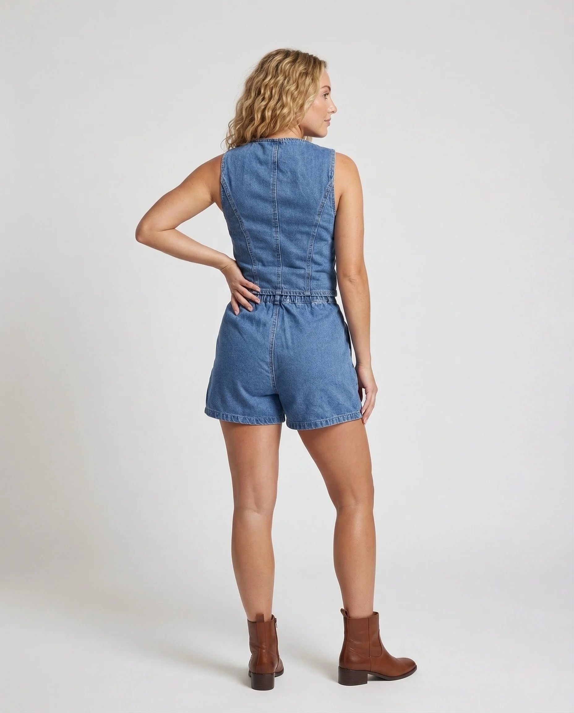 Damen Jeans Bustier Kurz Metallknöpfe - Image 3