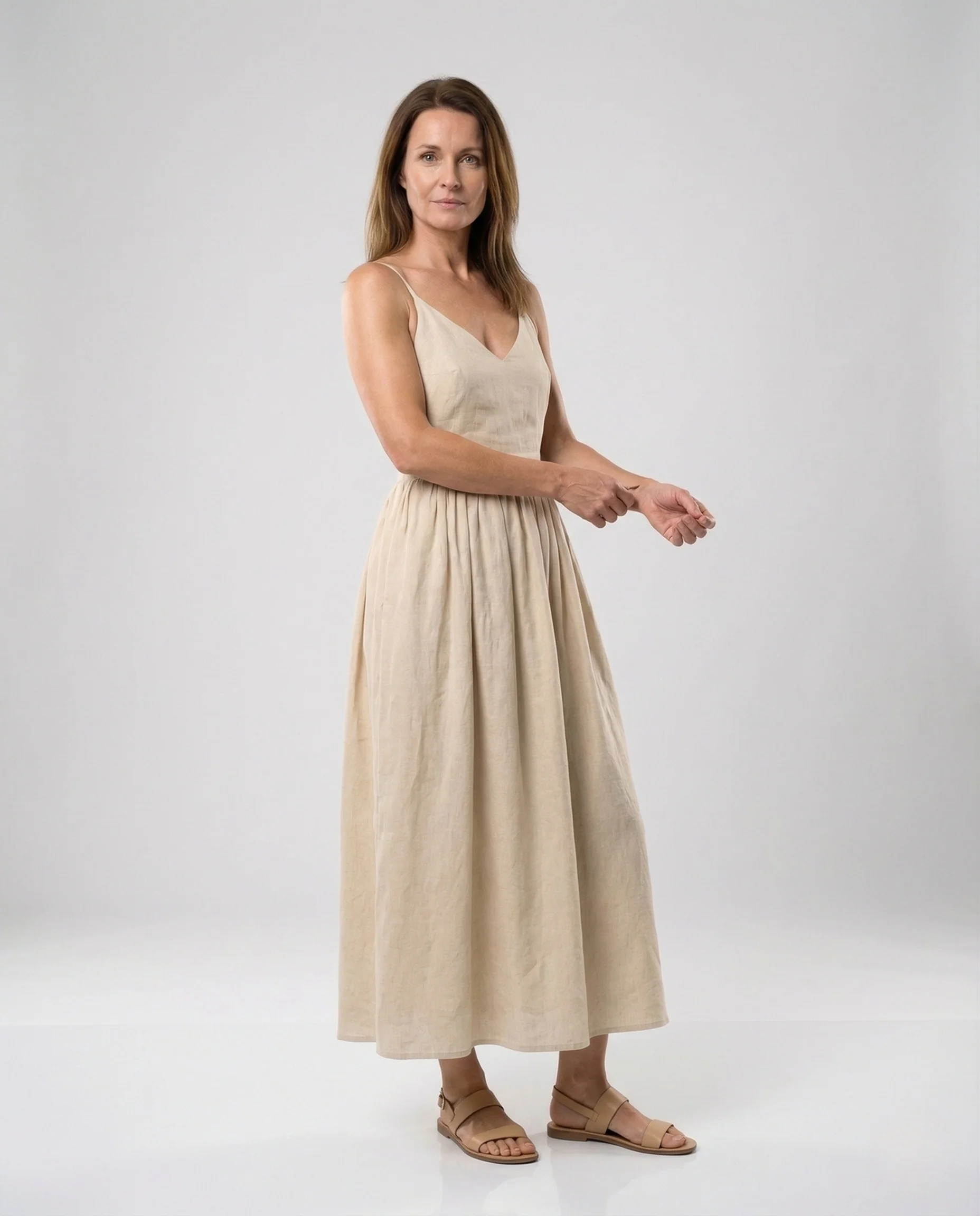 Damen Leinen Midikleid mit Spaghettiträgern & Taschen