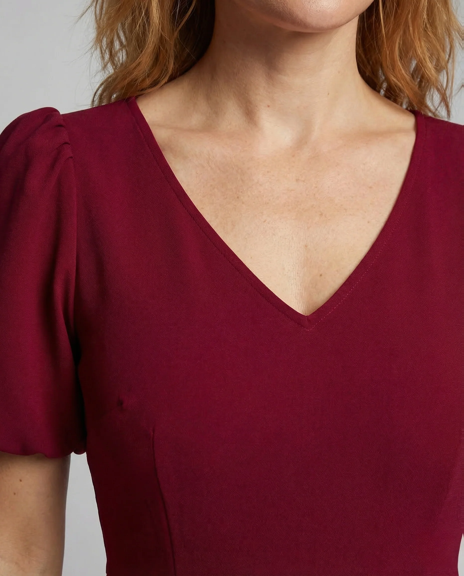 Damen Midikleid V Ausschnitt Puffärmel - Image 3
