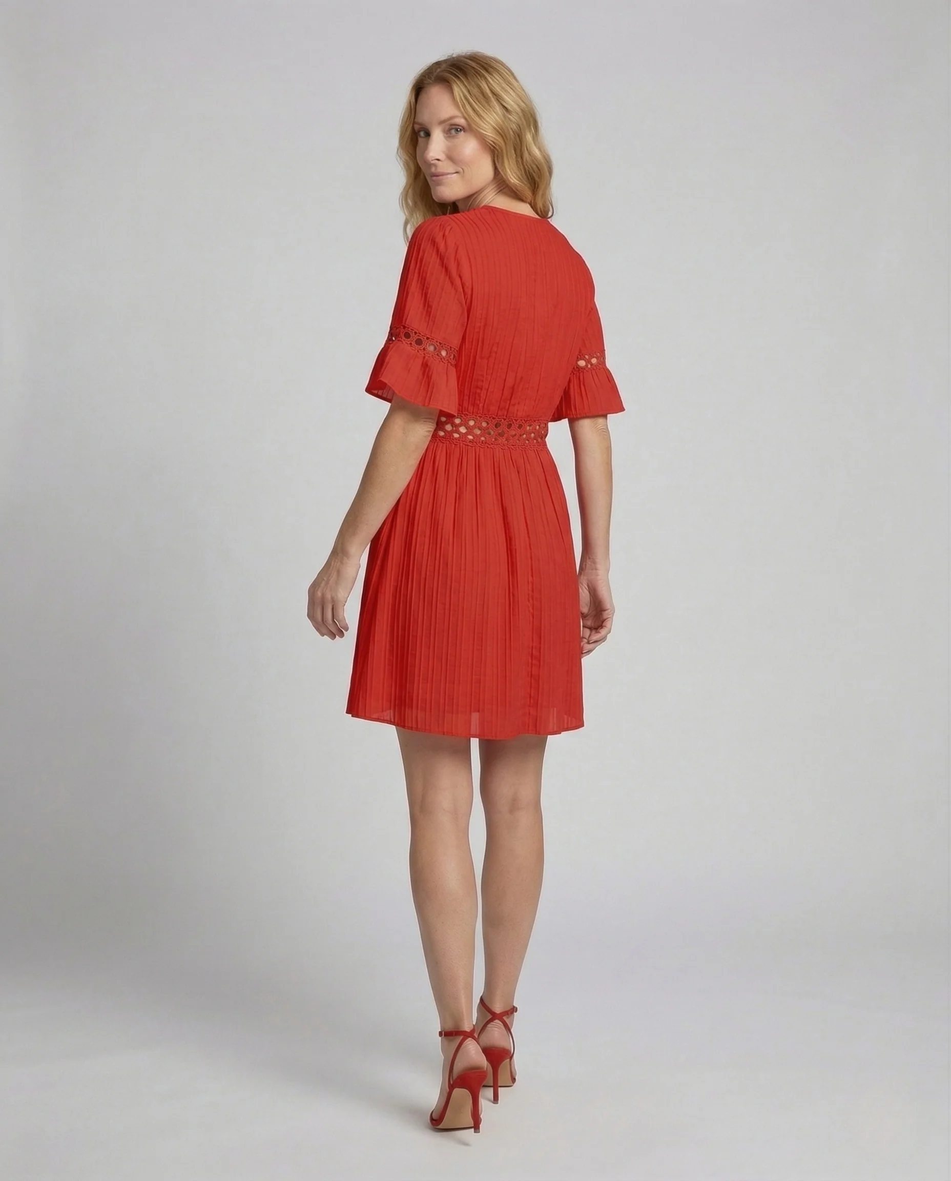 Damen Kurzkleid Plissee V Ausschnitt Spitze - Image 4