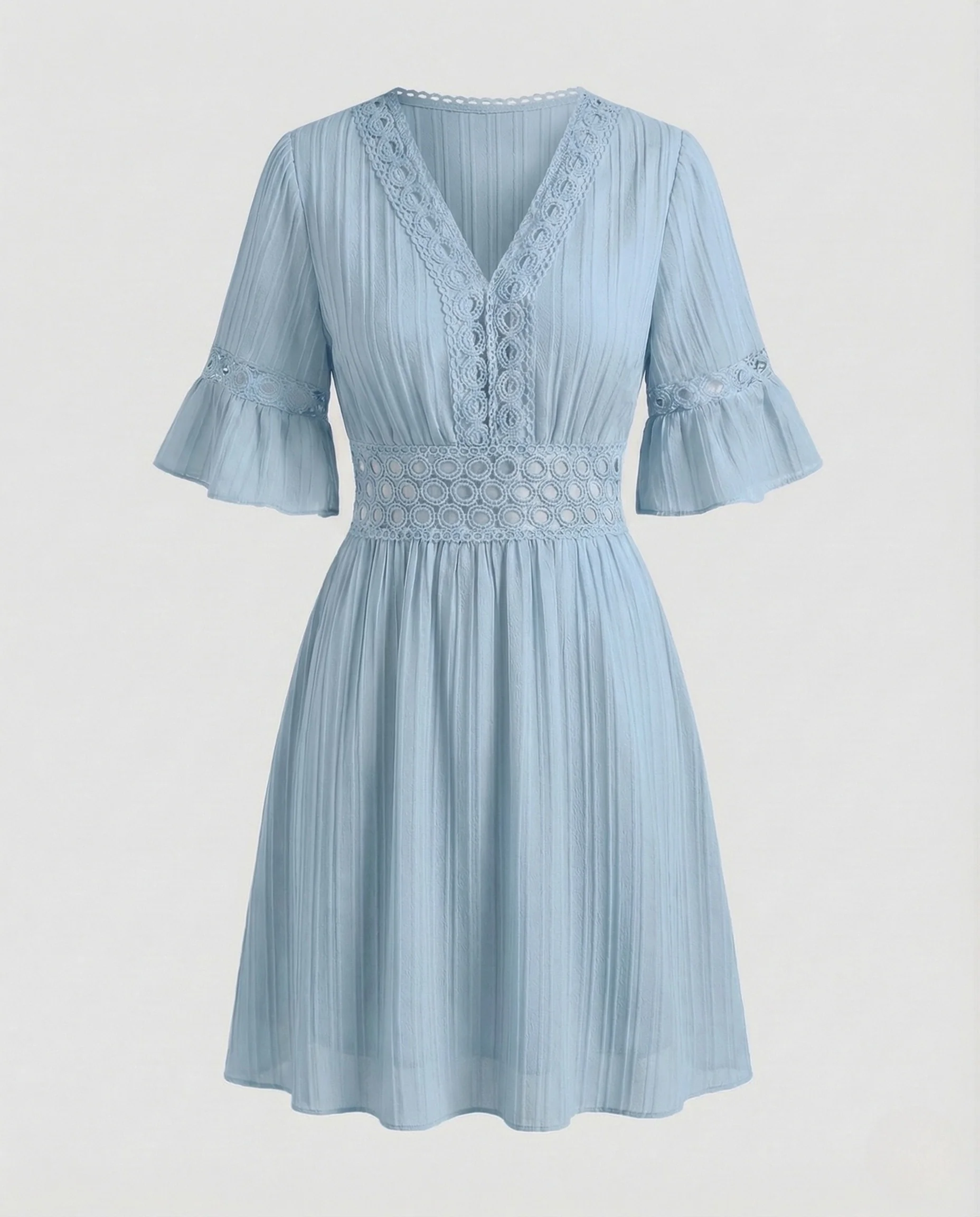 Damen Kurzkleid Plissee V Ausschnitt Spitze - Image 7
