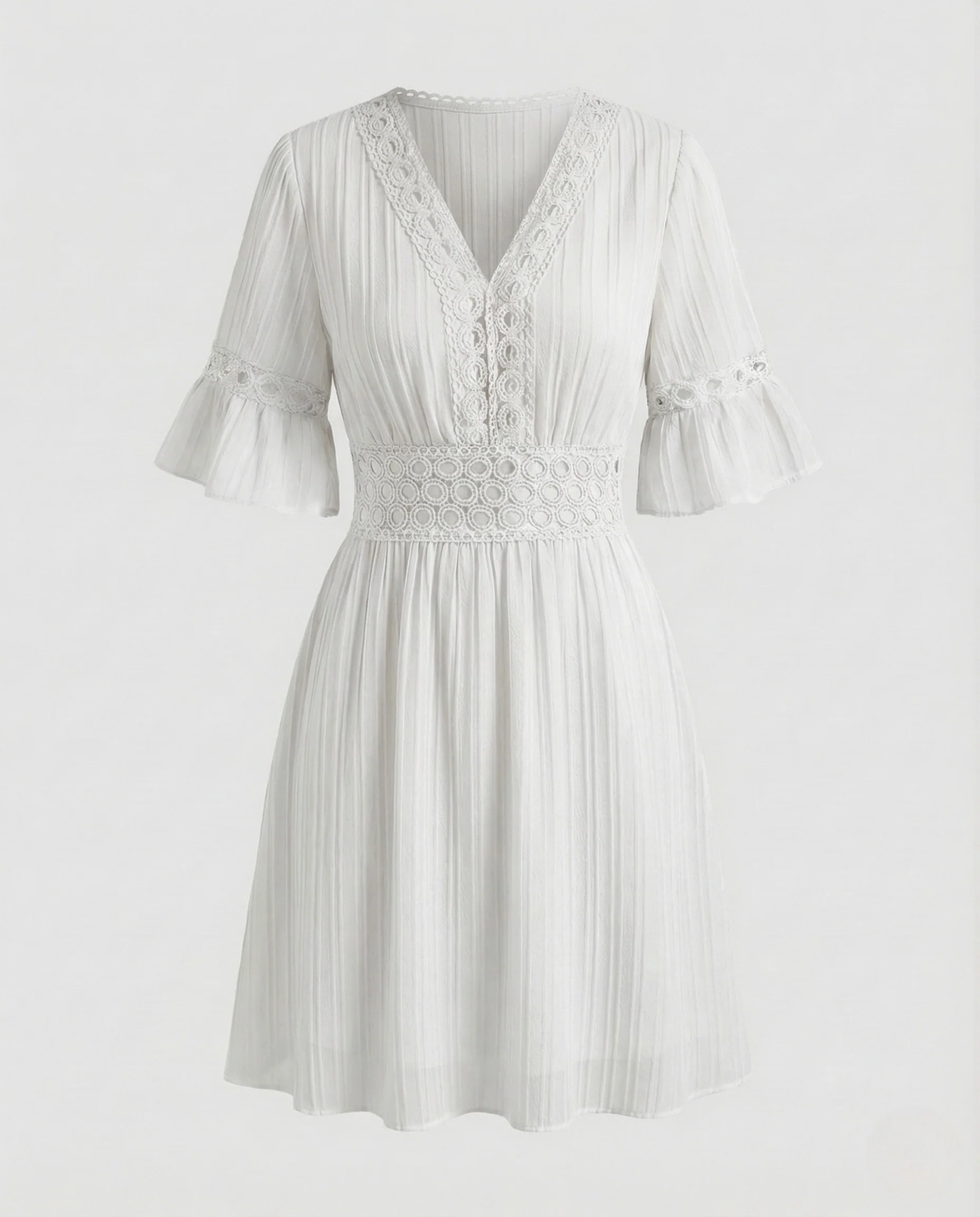 Damen Kurzkleid Plissee V Ausschnitt Spitze - Image 8