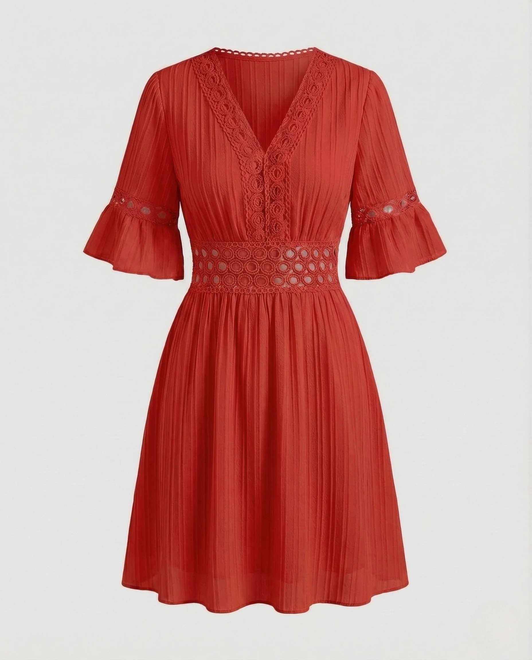 Damen Kurzkleid Plissee V Ausschnitt Spitze - Image 9