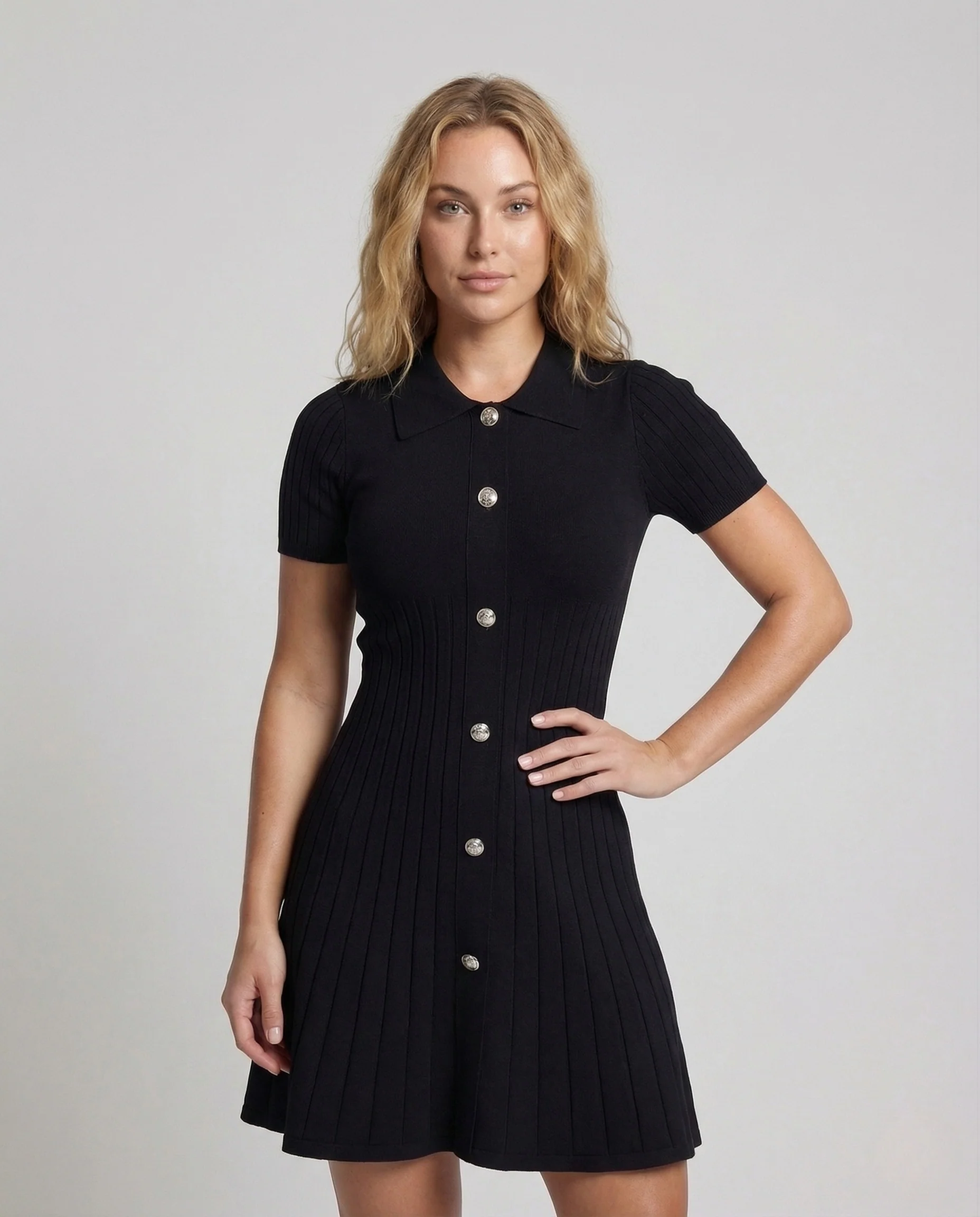 Damen Rippstrickkleid Polokragen Knopfleiste - Image 2
