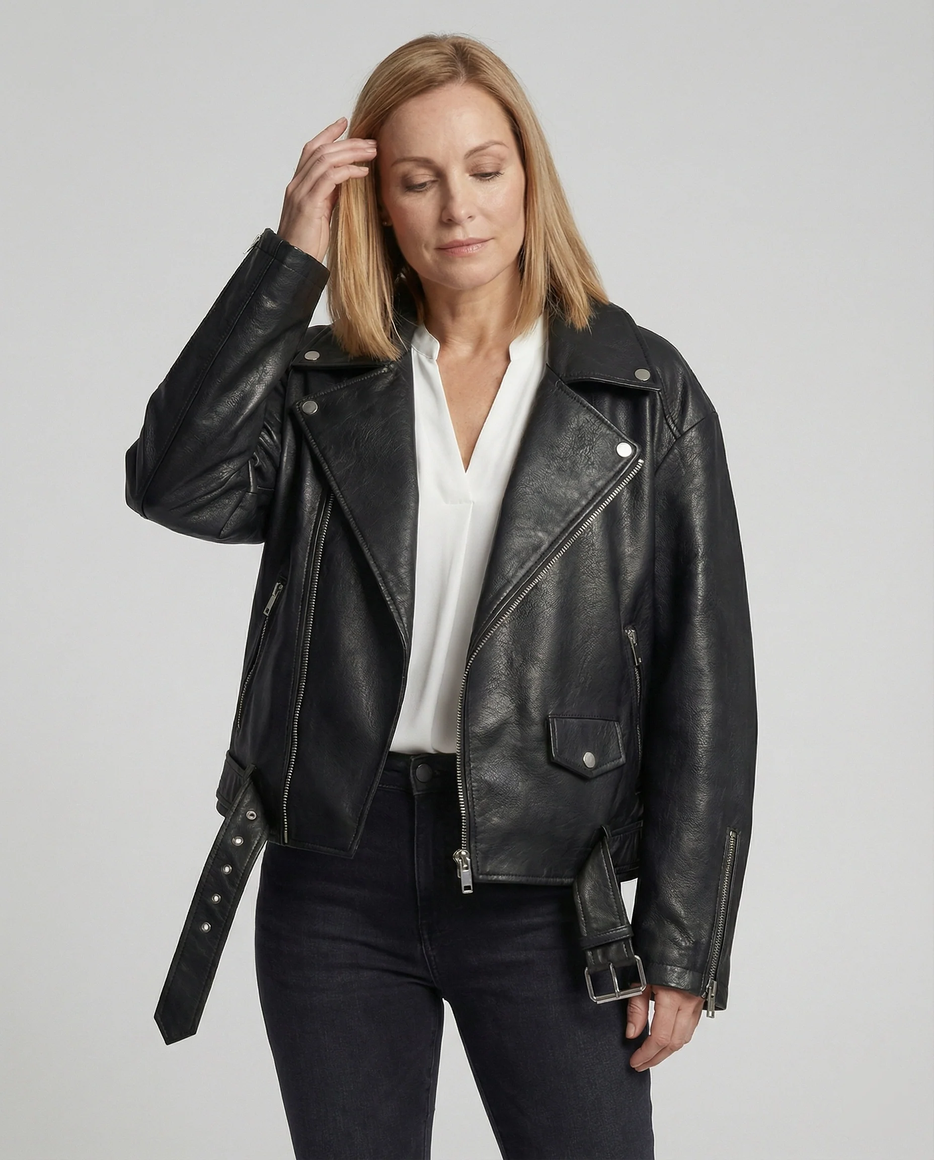 Damen Lederjacke Schwarz Oversize - Image 3