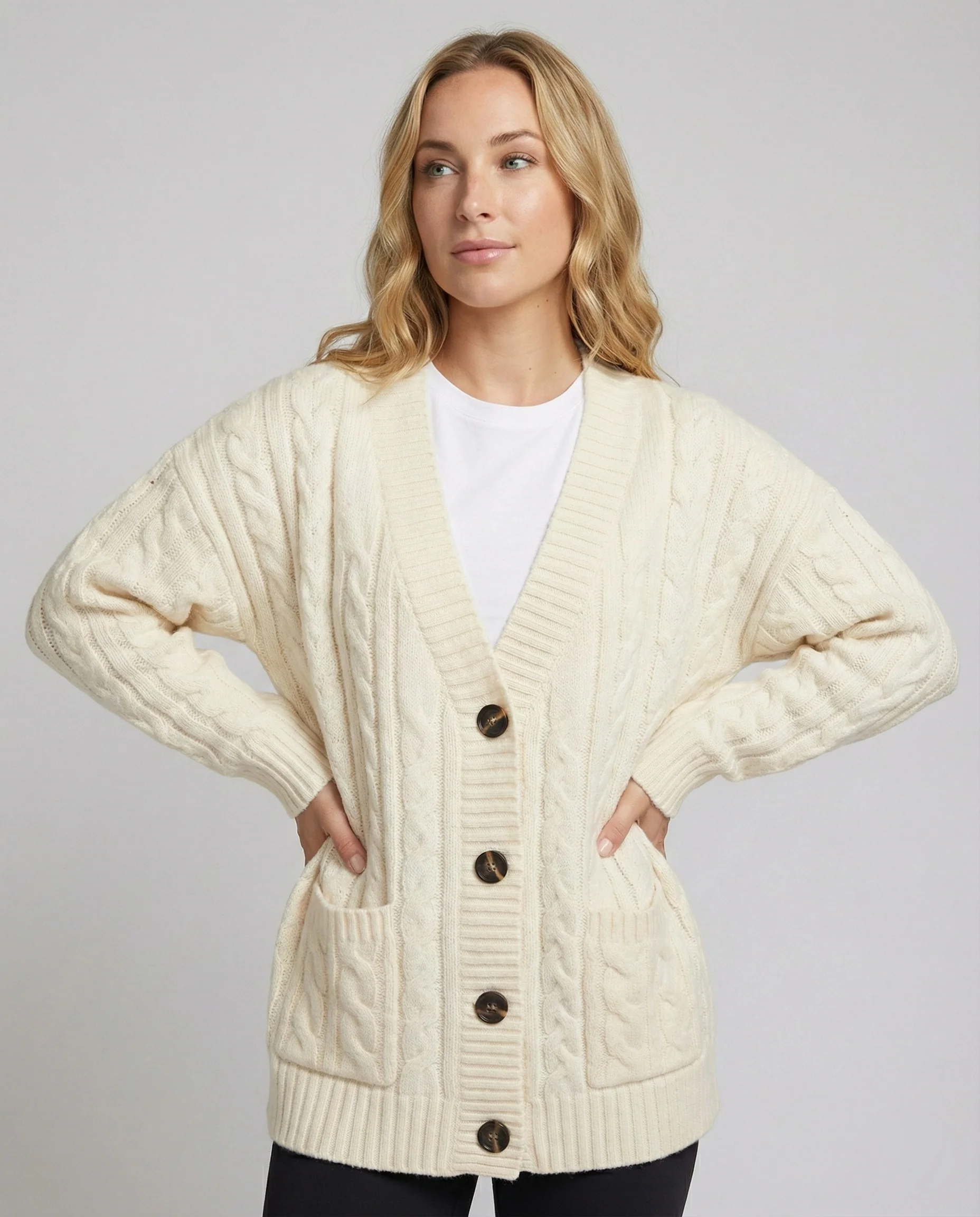 Übergroßer Zopfmuster-Cardigan mit V-Ausschnitt und markanter Knopfleiste Heidi-Mode - Image 5
