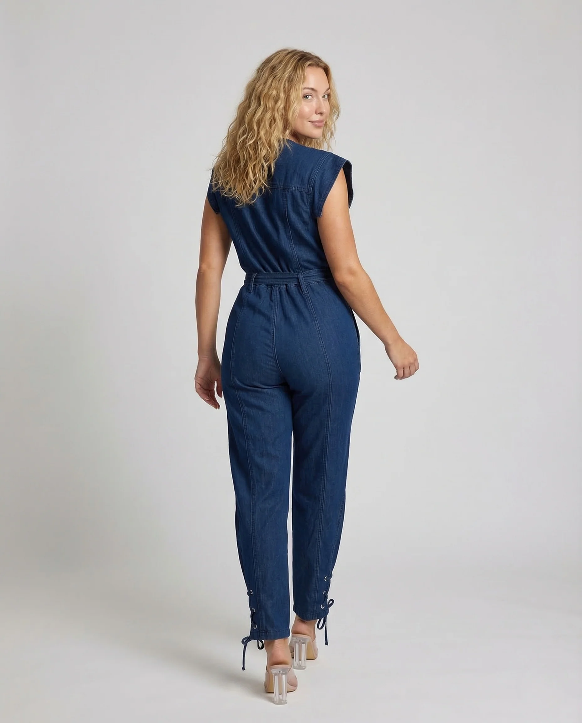 Damen Jeans Overall Gürtel Brusttaschen - Image 3