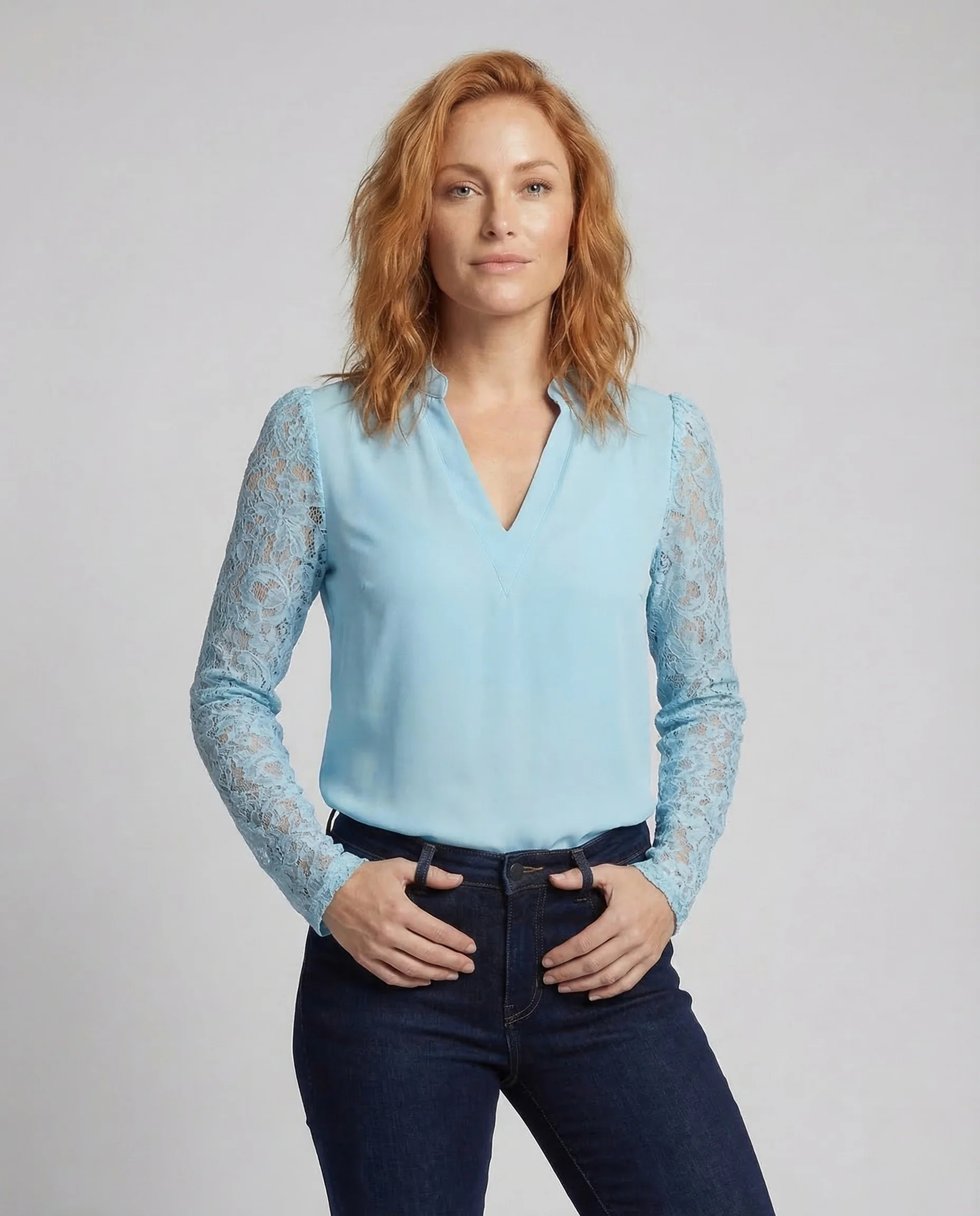 Damen V Ausschnitt Bluse Spitzenärmel - Image 2