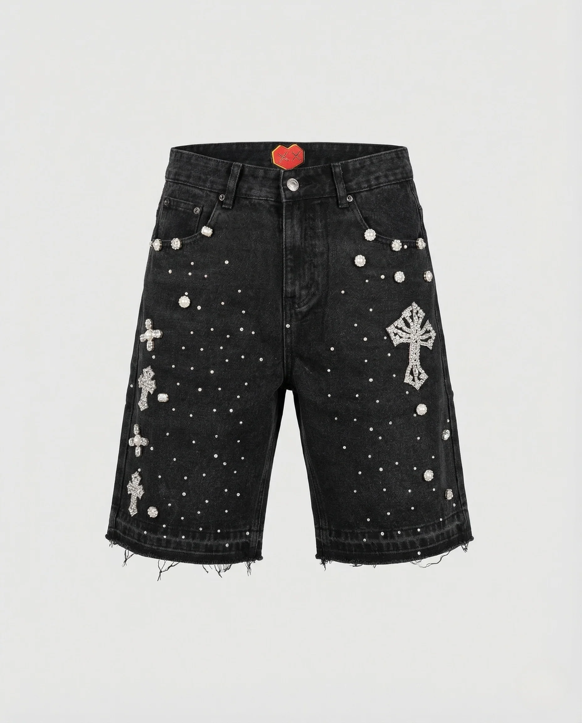 Damen Denim Bermuda mit Strasskreuz und Fransen - Image 5