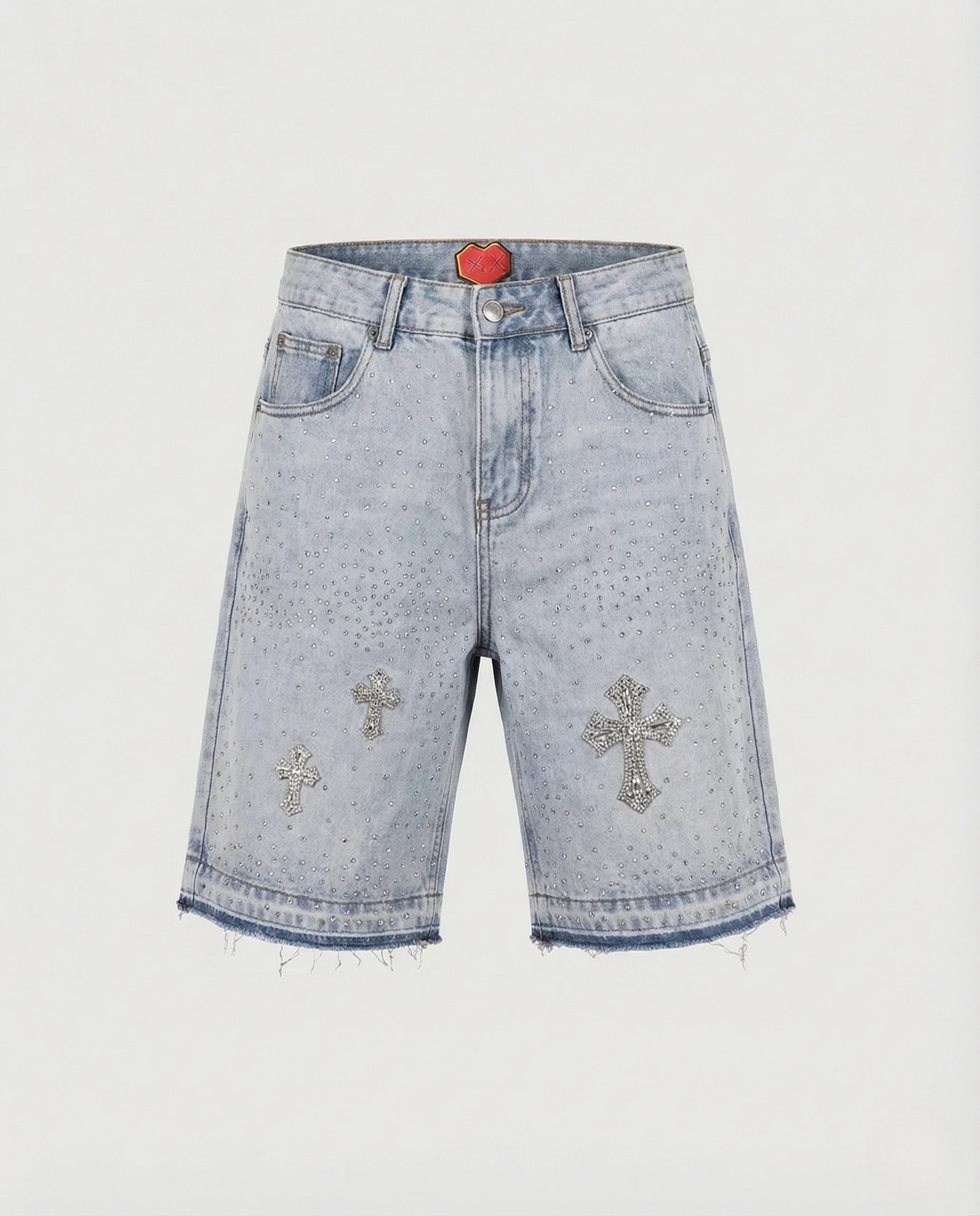 Damen Denim Bermuda mit Strasskreuz und Fransen - Image 6