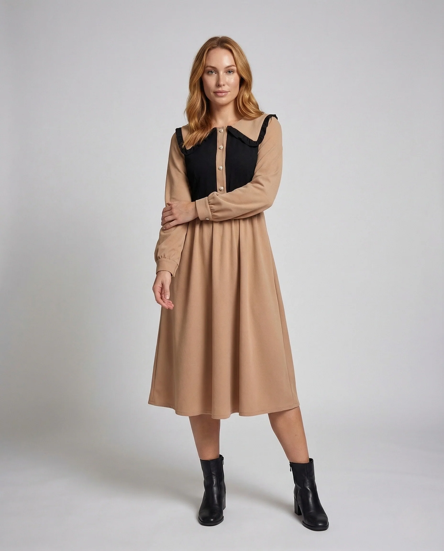 Damen Vintage Midikleid mit Rüschenkragen