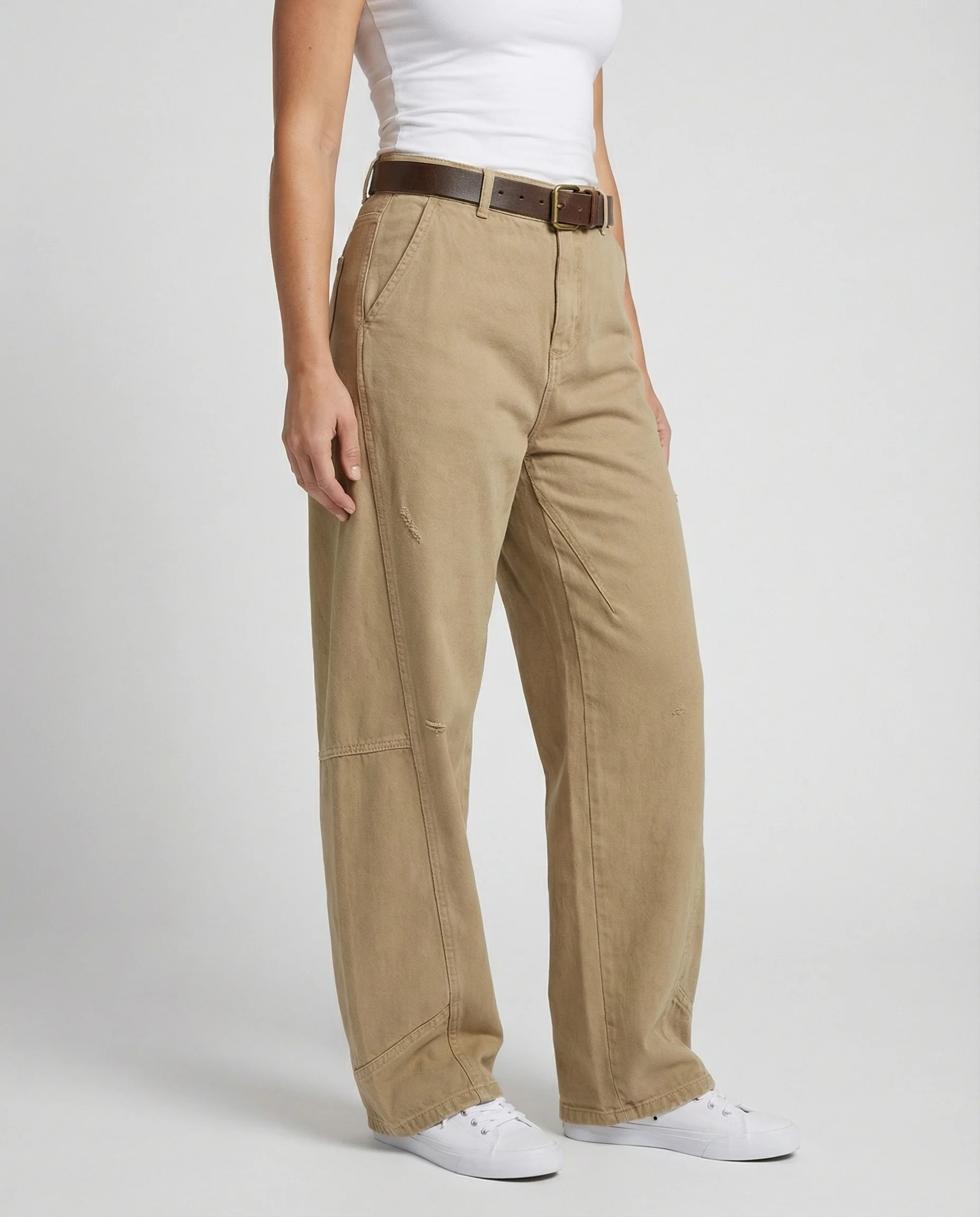 Weit geschnittene hochtaillierte Arbeitslook-Hose mit tiefem Schritt, Teilungsnähten und verstellbarem Saum Heidi-Mode - Image 3