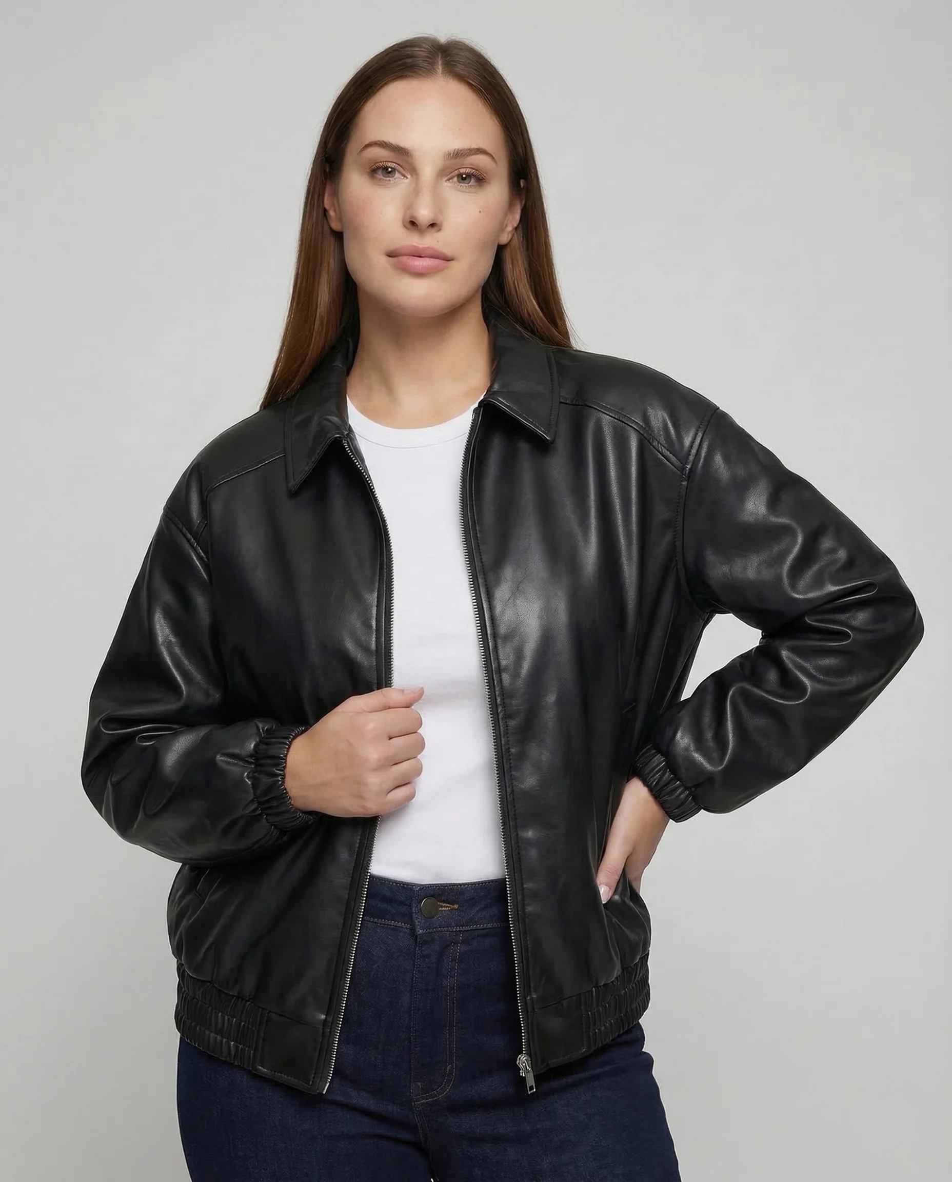 Damen Lederoptik Jacke Weit Reißverschluss - Image 2