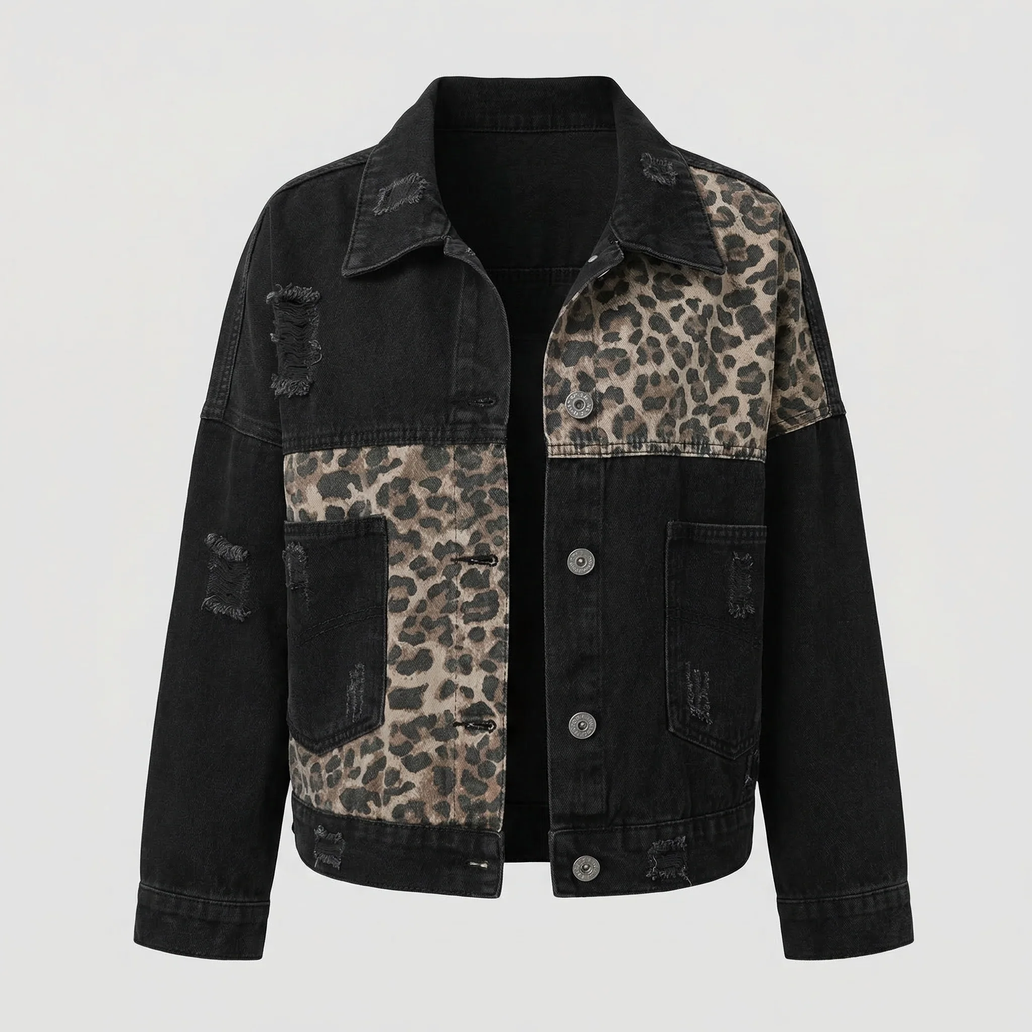 Damen Jeansjacke Oversize Leopardenbesatz Used - Image 5