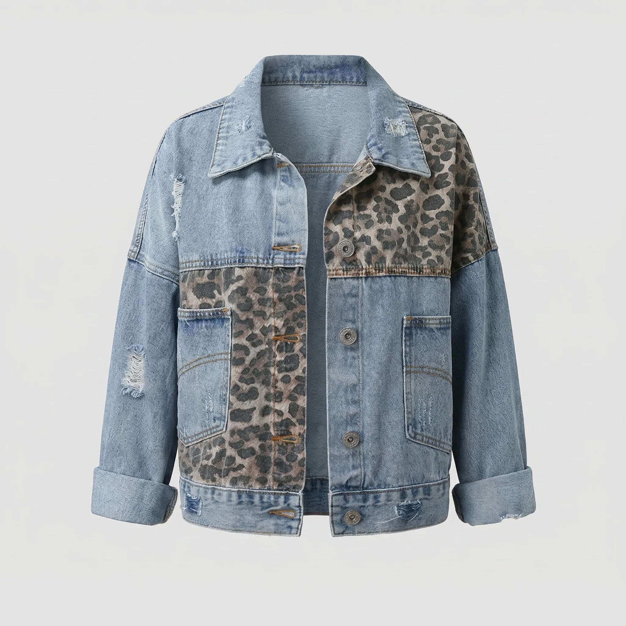 Damen Jeansjacke Oversize Leopardenbesatz Used - Image 6