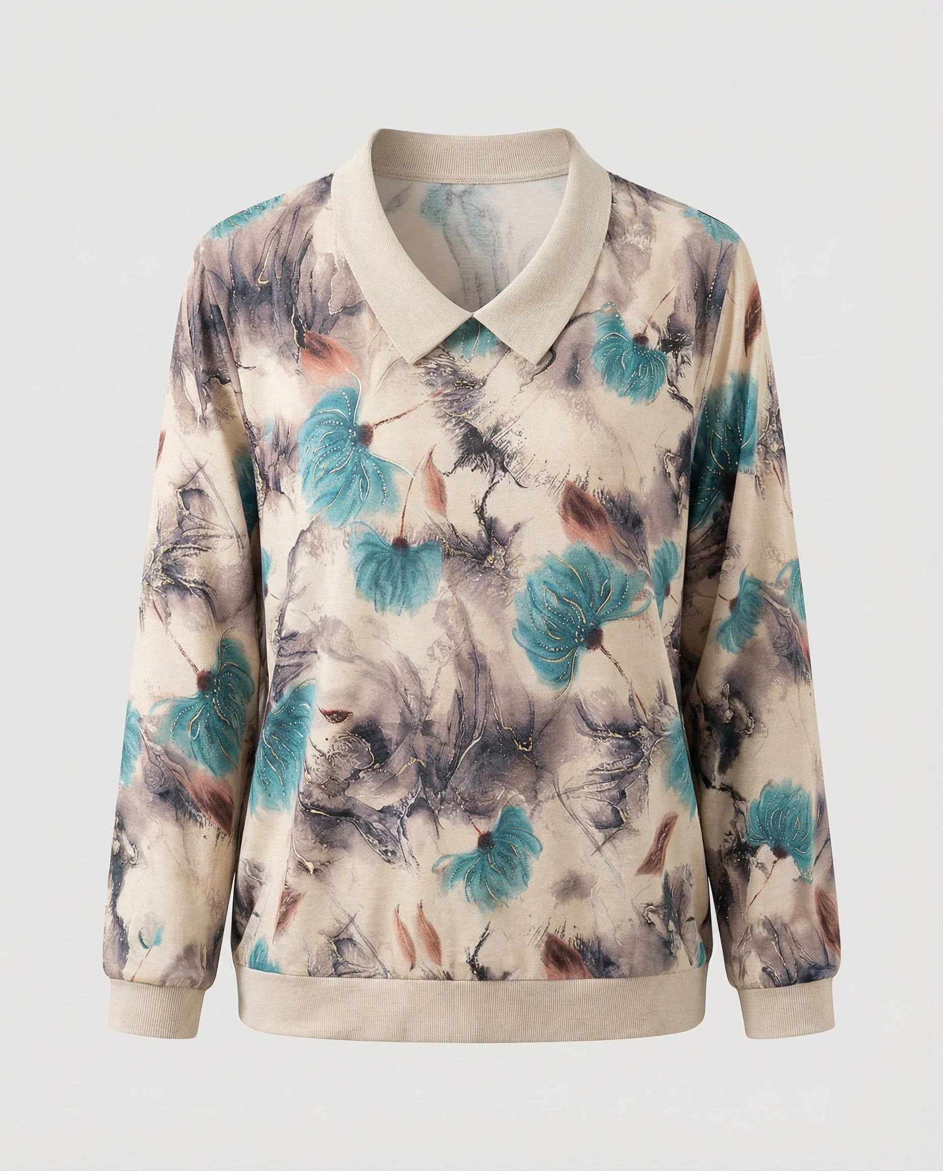Weit geschnittenes Sweatshirt mit Polokragen und floralem Aquarellprint Heidi Mode - Image 4