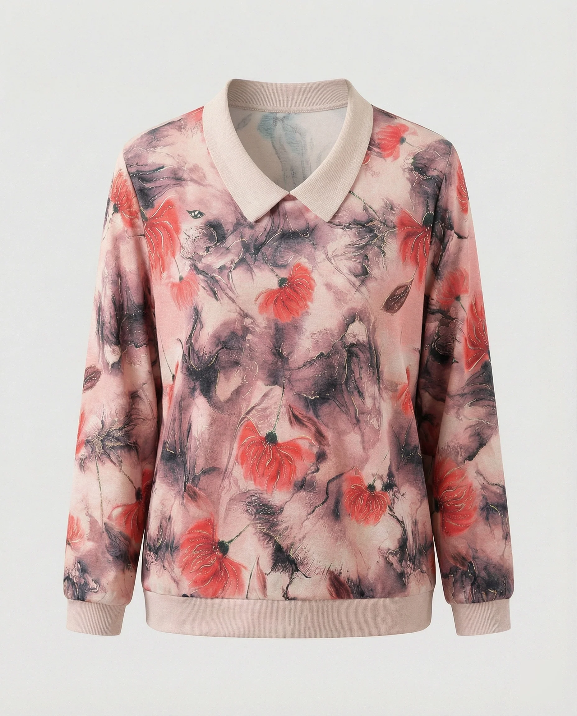 Weit geschnittenes Sweatshirt mit Polokragen und floralem Aquarellprint Heidi Mode - Image 6