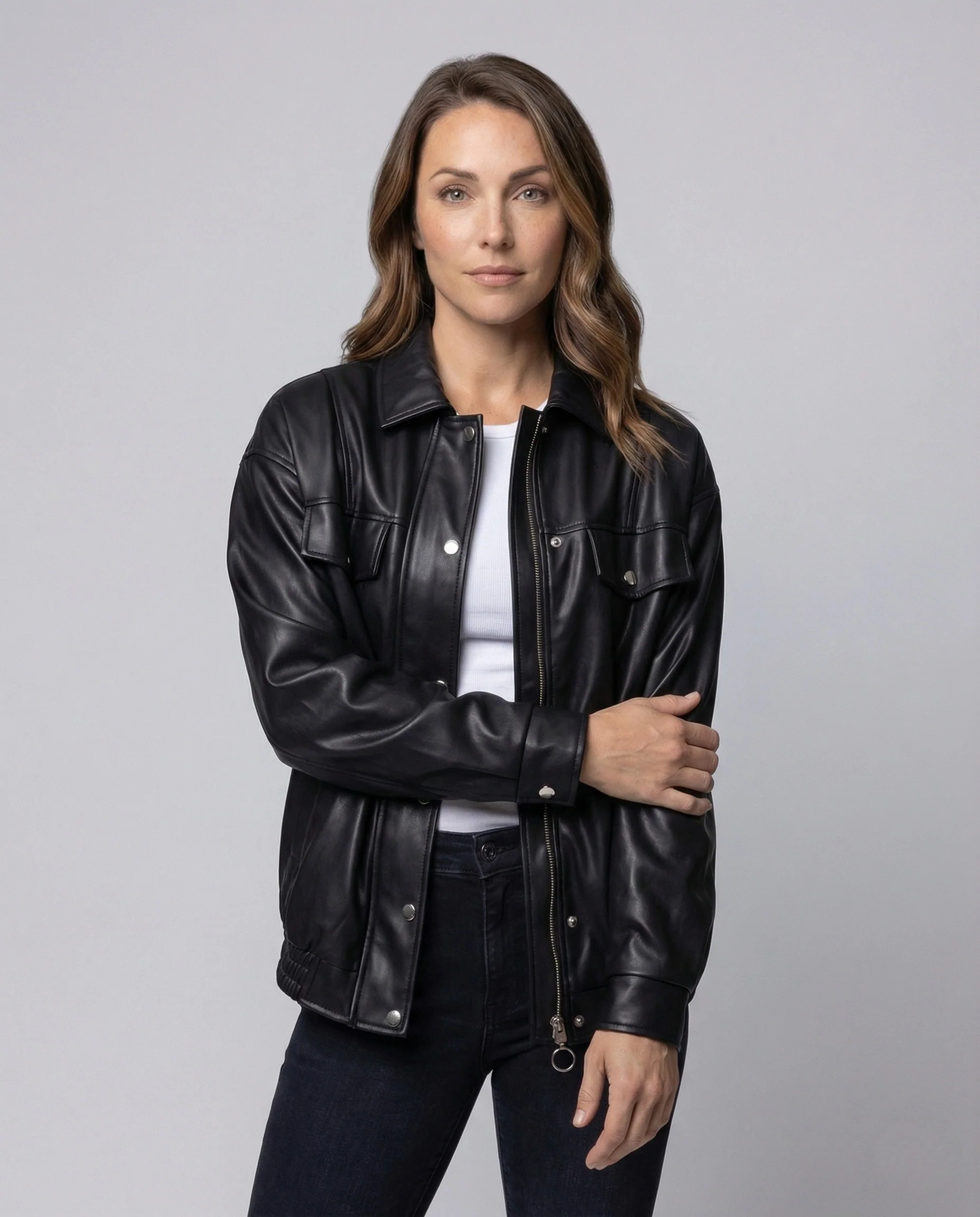 Damen Kunstlederjacke Weit Reißverschluss Elastischer Bund - Image 2