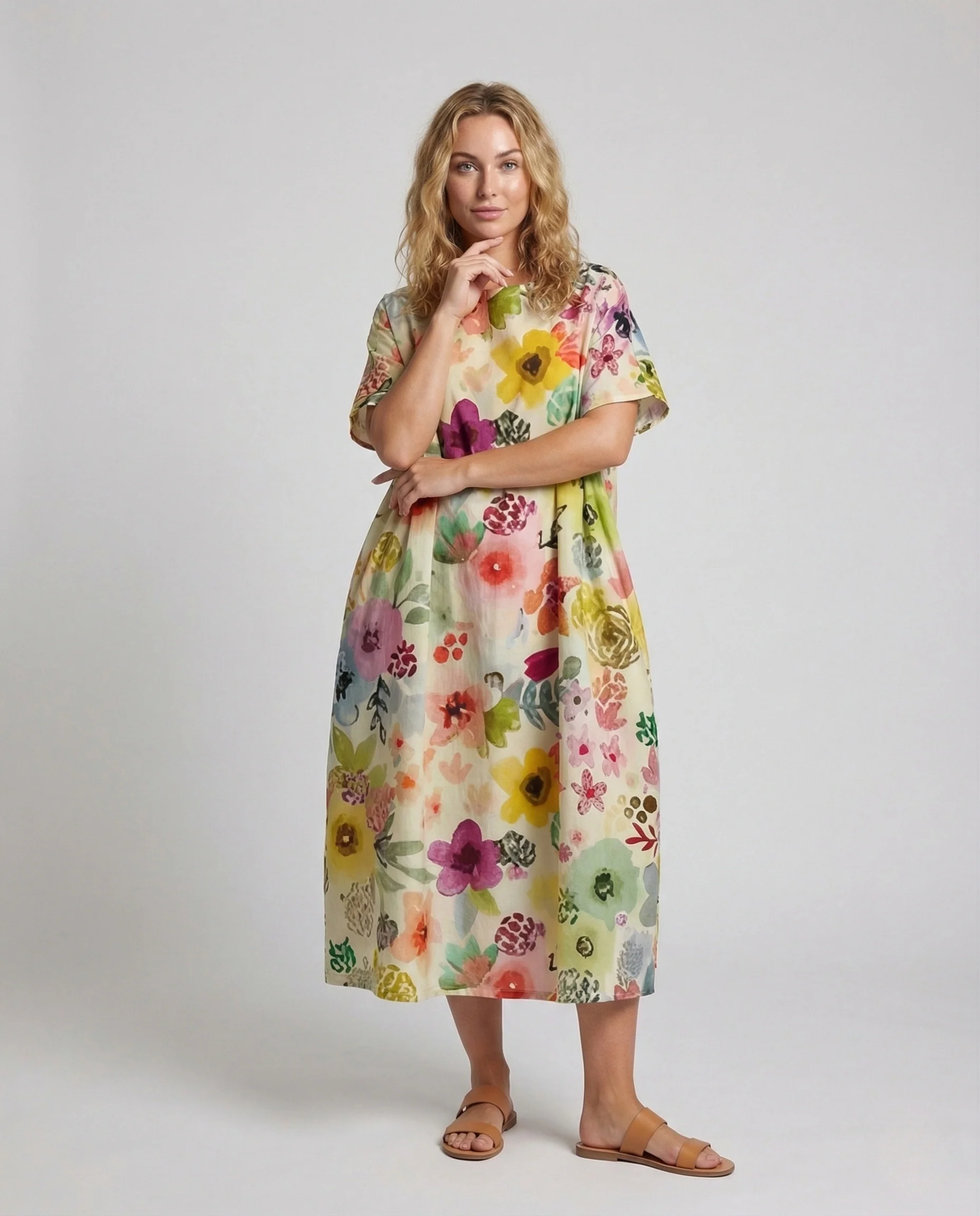 Damen Leinen Kaftankleid Blumen