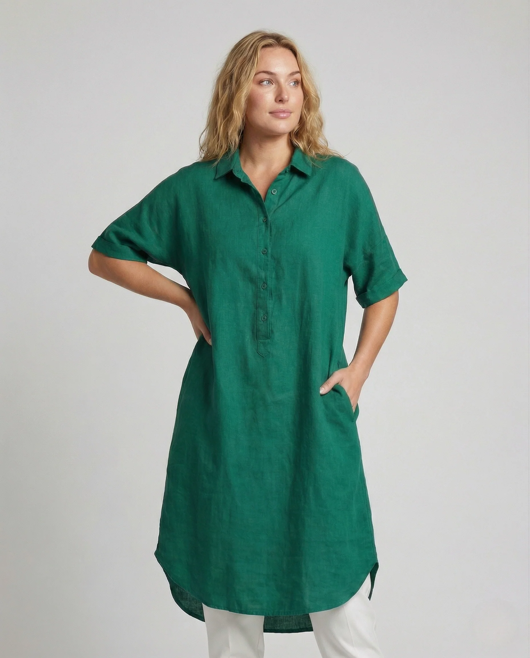 Damen Leinen Tunika Kleid mit Hemdkragen - Image 2