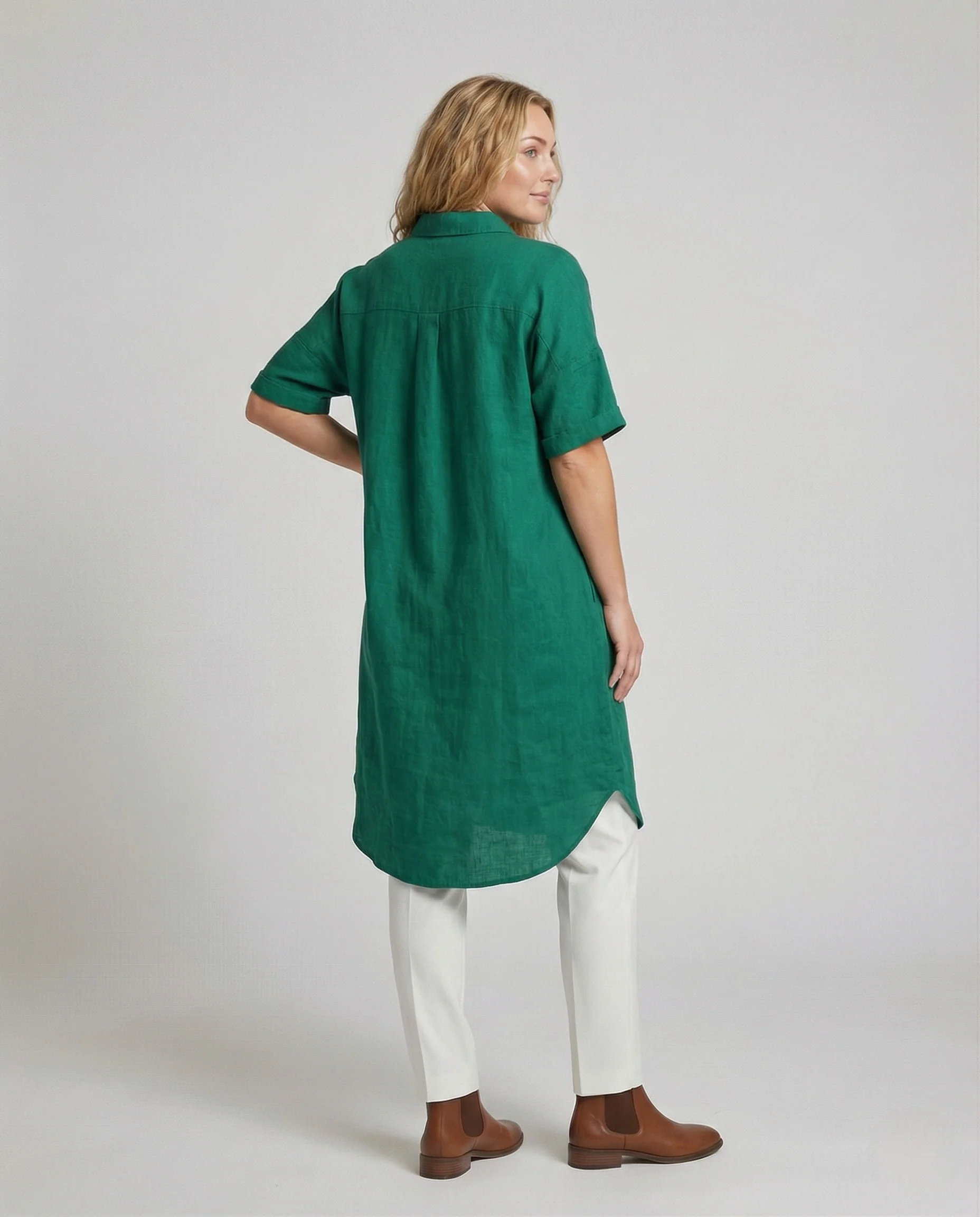 Damen Leinen Tunika Kleid mit Hemdkragen - Image 4