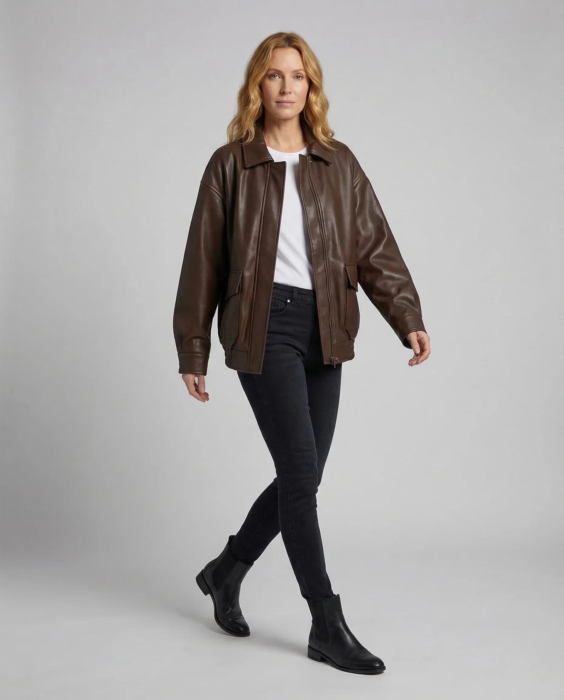 Damen Lederjacke Oversize Hemdkragen
