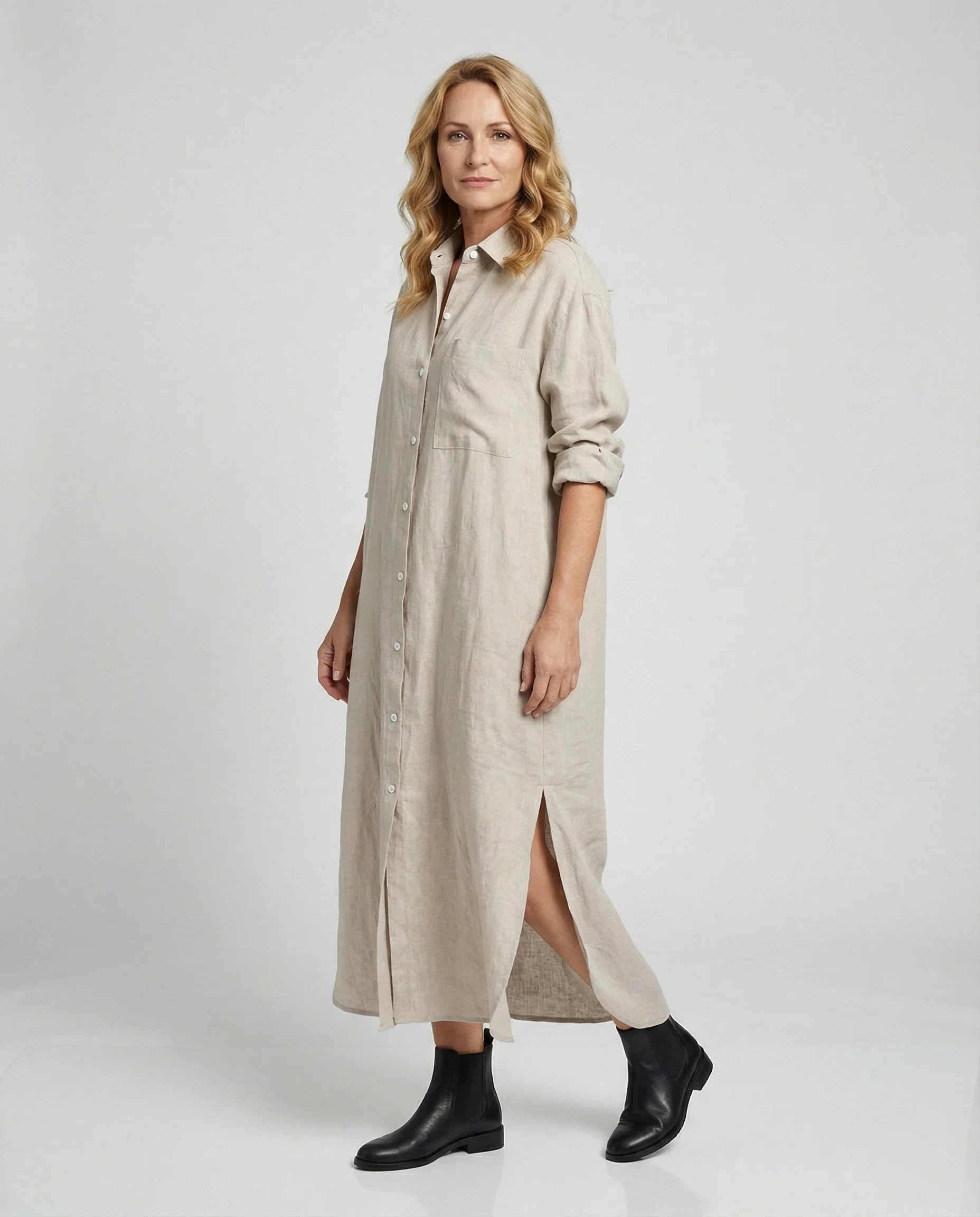 Damen Hemdblusenkleid Leinen Midi - Image 6