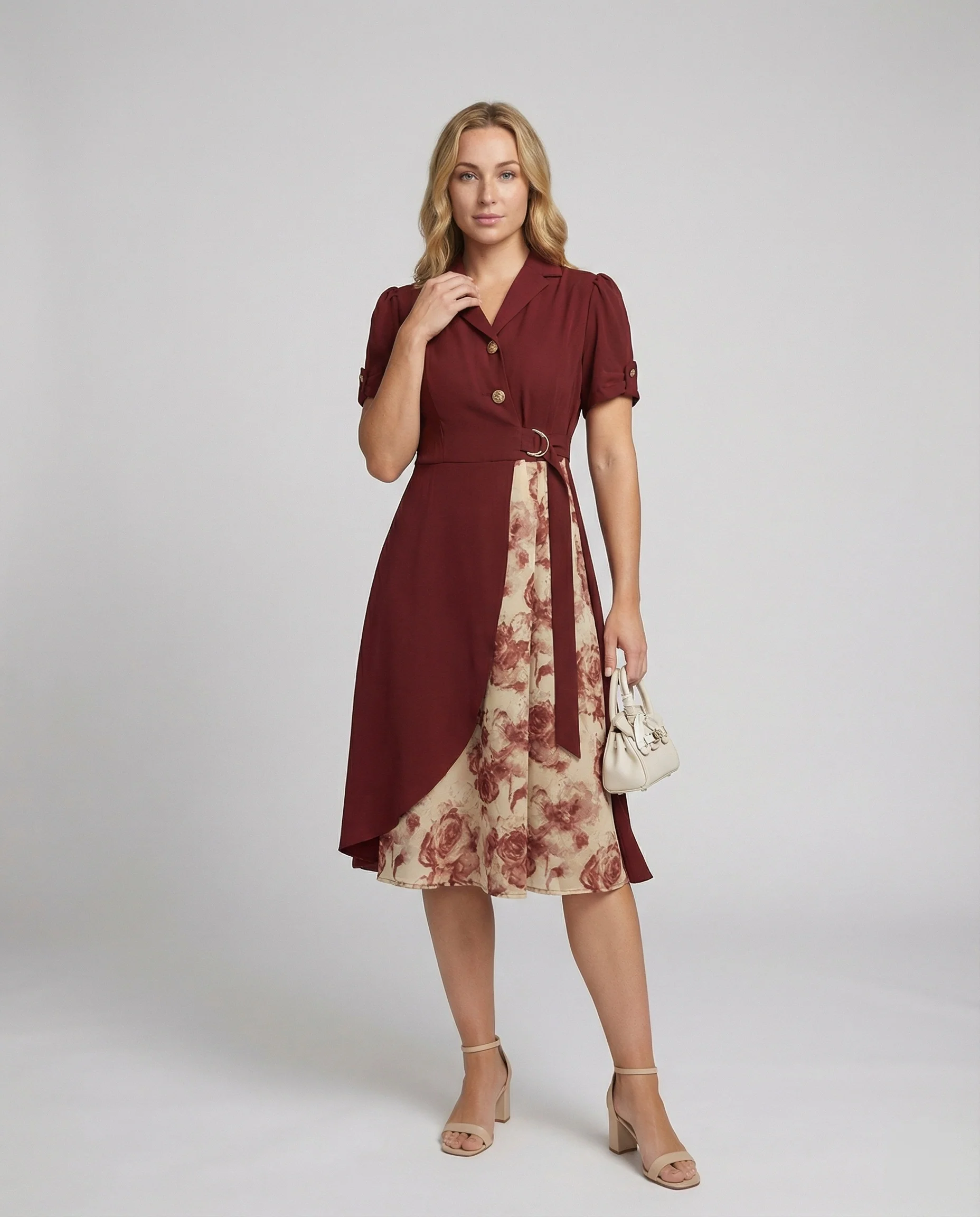 Zweilagiges Midikleid mit Blazerkragen asymmetrischer Wickeloptik Metallring-Taillengürtel und floralem Einsatz Heidi Mode - Image 2