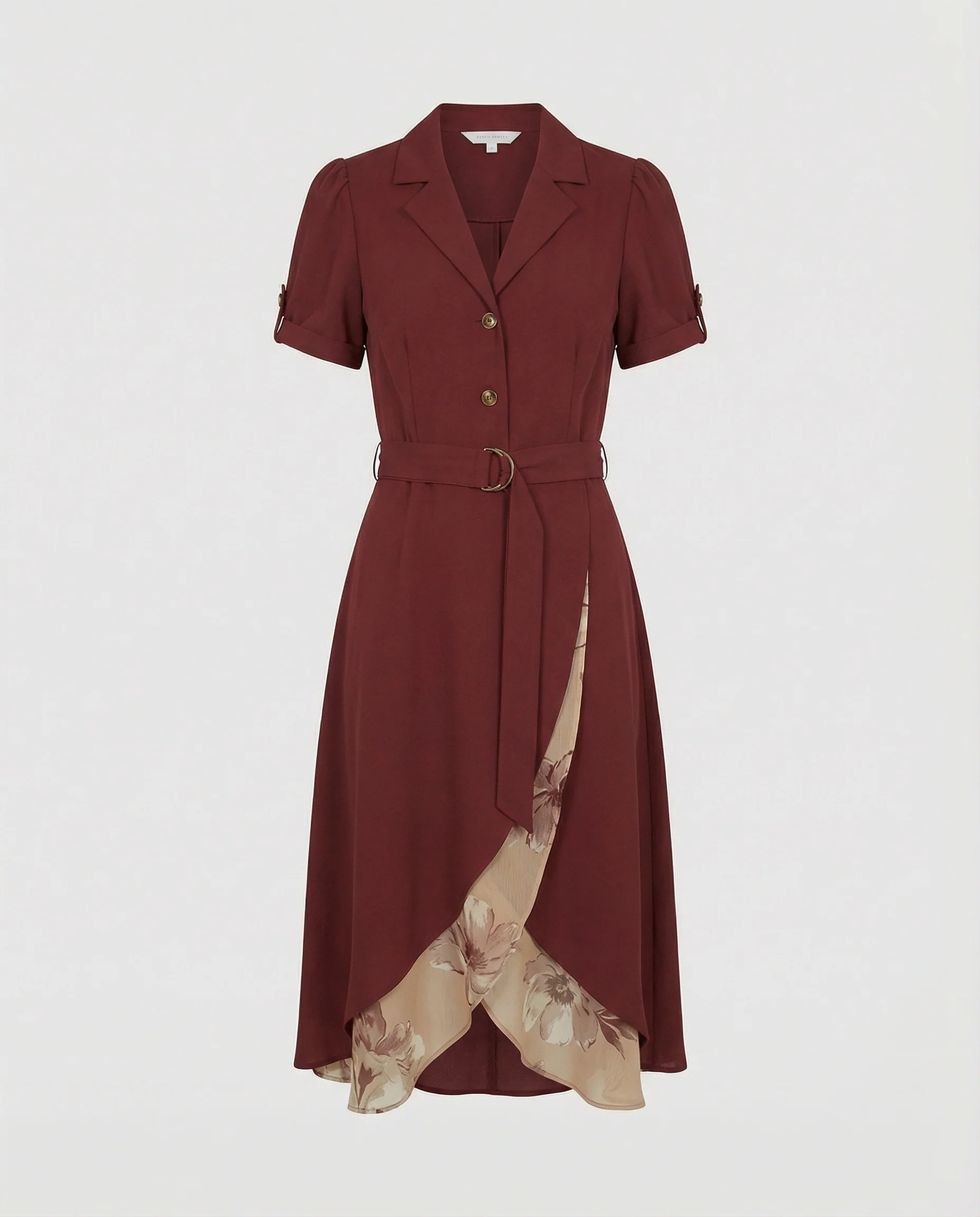 Zweilagiges Midikleid mit Blazerkragen asymmetrischer Wickeloptik Metallring-Taillengürtel und floralem Einsatz Heidi Mode - Image 5