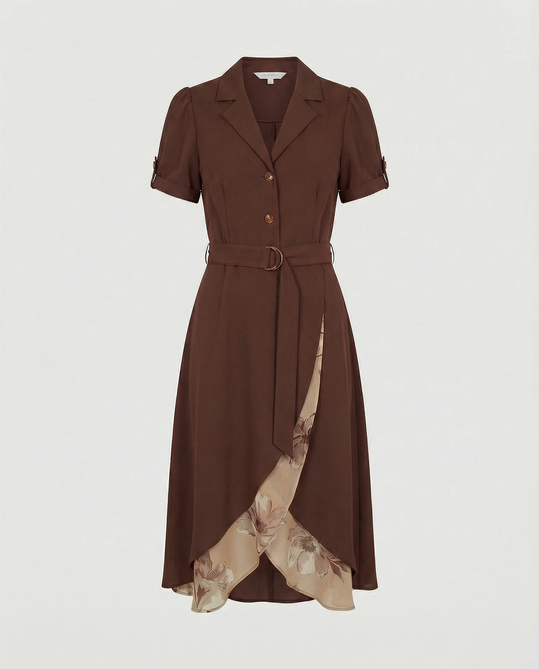 Zweilagiges Midikleid mit Blazerkragen asymmetrischer Wickeloptik Metallring-Taillengürtel und floralem Einsatz Heidi Mode - Image 6