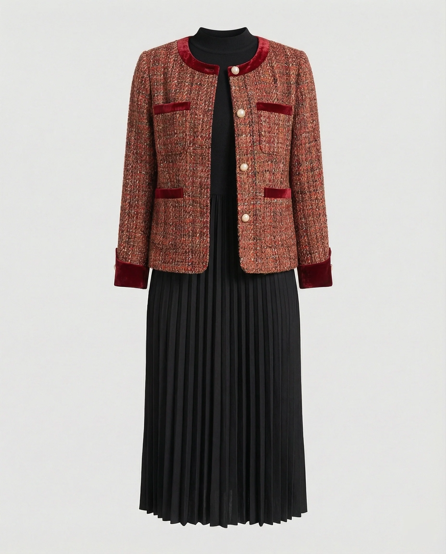 Zweiteiliges Ensemble Boucléjacke mit Rundhalsausschnitt und plissiertem Midikleid - Image 6