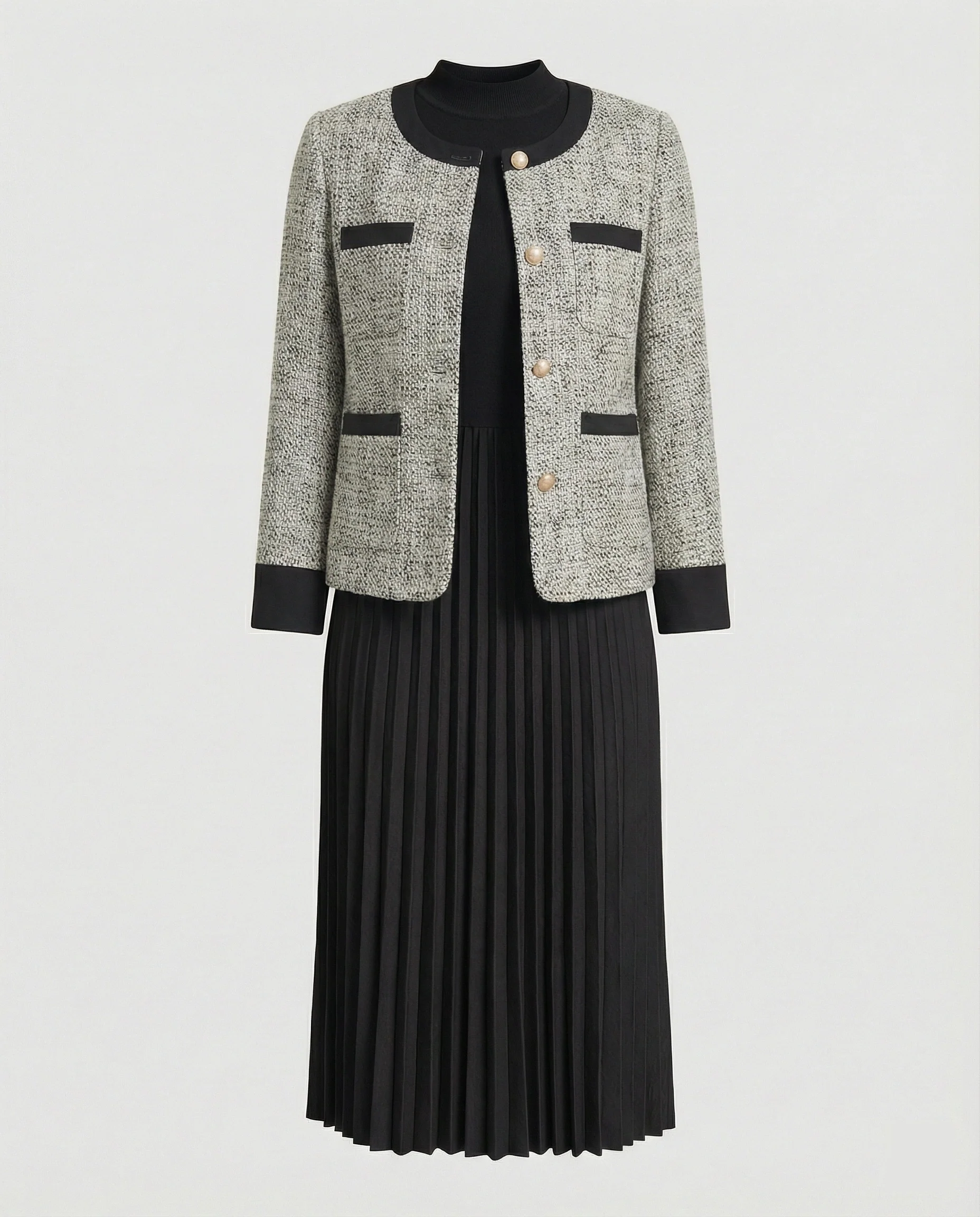 Zweiteiliges Ensemble Boucléjacke mit Rundhalsausschnitt und plissiertem Midikleid - Image 8