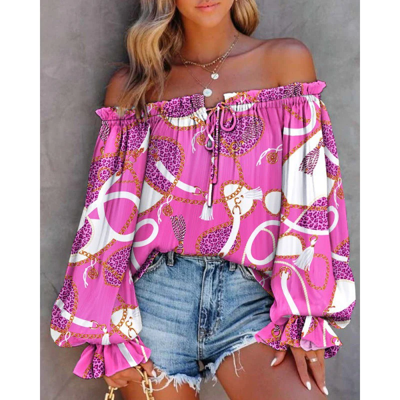 Damen Off-Shoulder Bluse mit Buntem Muster und Elastischem Saum Heidi-Mode - Image 3