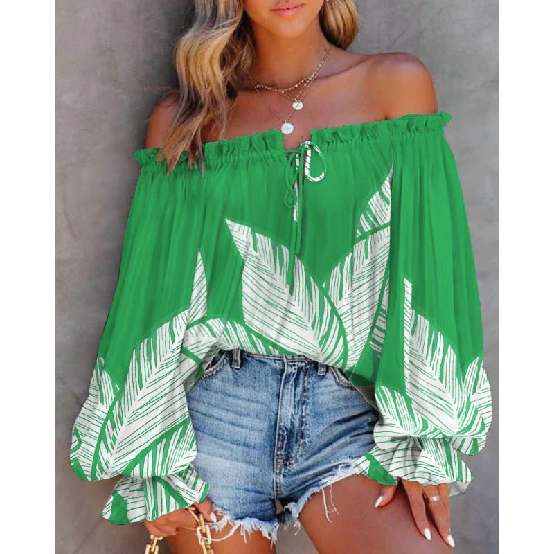 Damen Off-Shoulder Bluse mit Buntem Muster und Elastischem Saum Heidi-Mode - Image 4