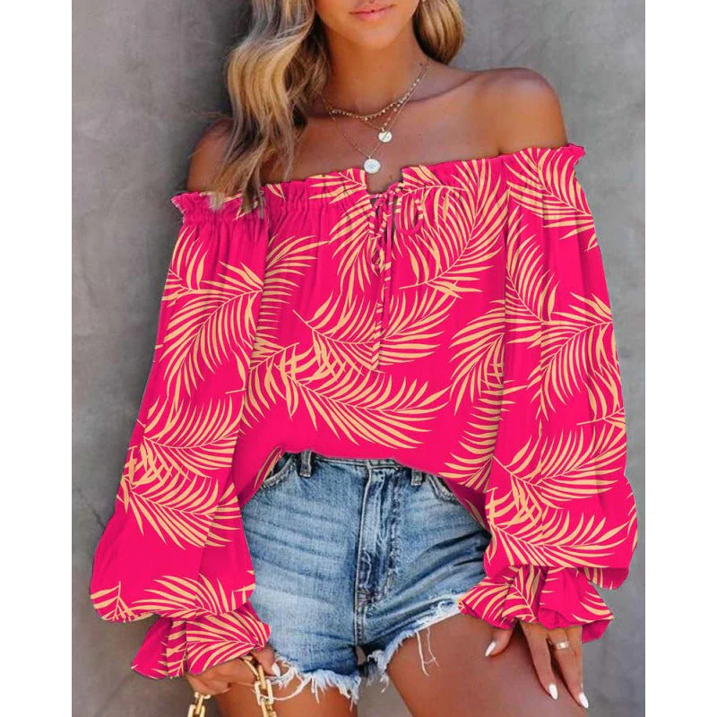 Damen Off-Shoulder Bluse mit Buntem Muster und Elastischem Saum Heidi-Mode - Image 5