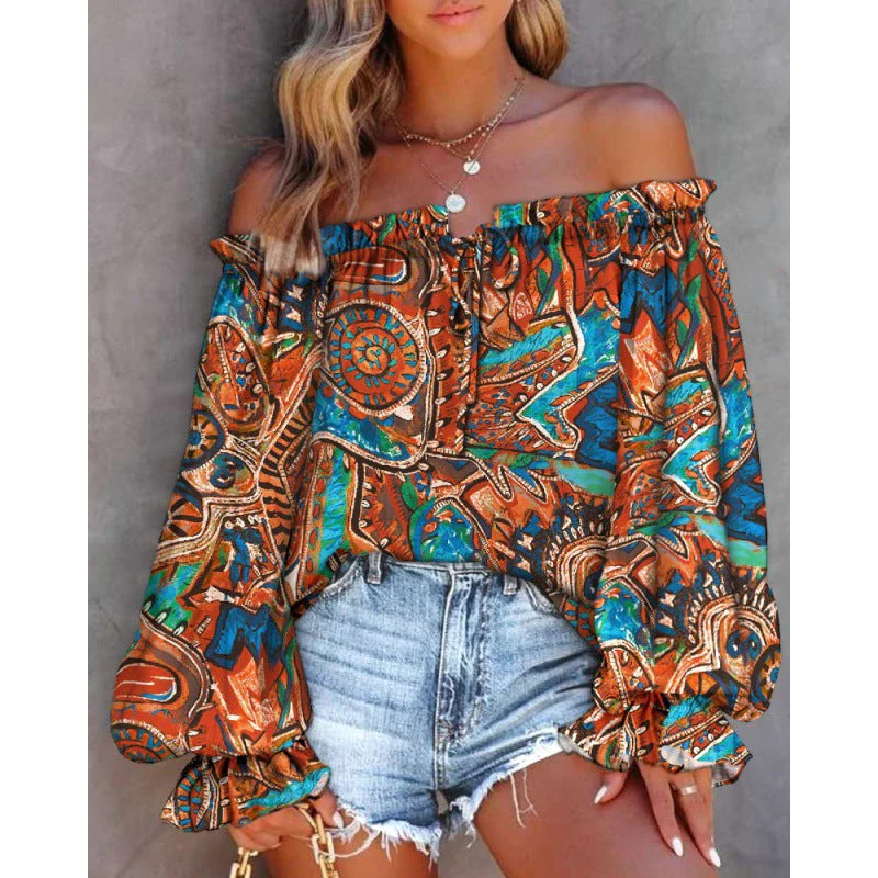 Damen Off-Shoulder Bluse mit Buntem Muster und Elastischem Saum Heidi-Mode - Image 6