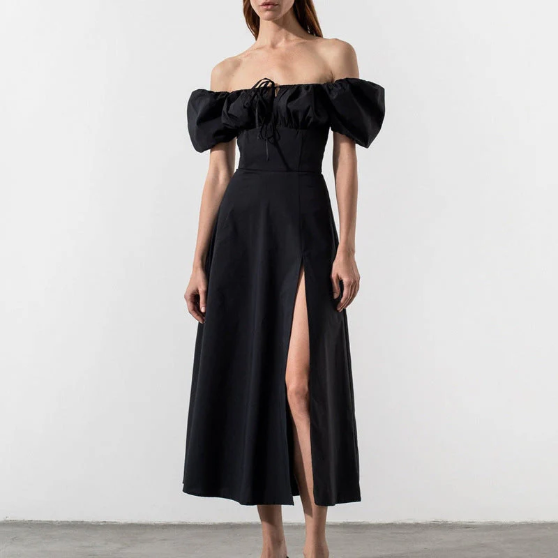 Damen Off-Shoulder Maxikleid mit Schmeichelndem Split und Elastischem Oberteil Heidi-Mode - Image 3