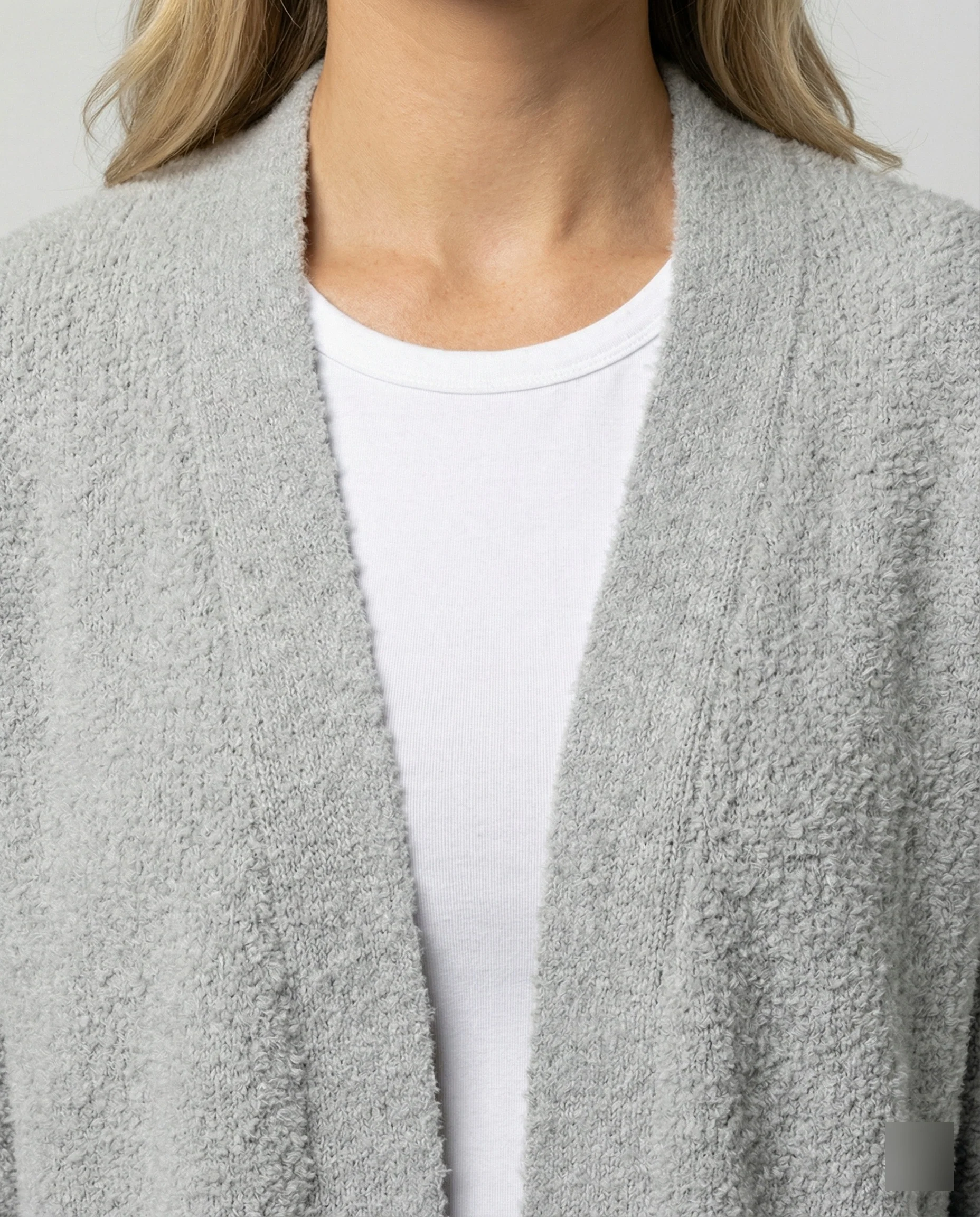 Damen offener Strukturcardigan im Mantelschnitt mit Ballonärmeln und abgerundetem Saum Heidi-Mode - Image 3