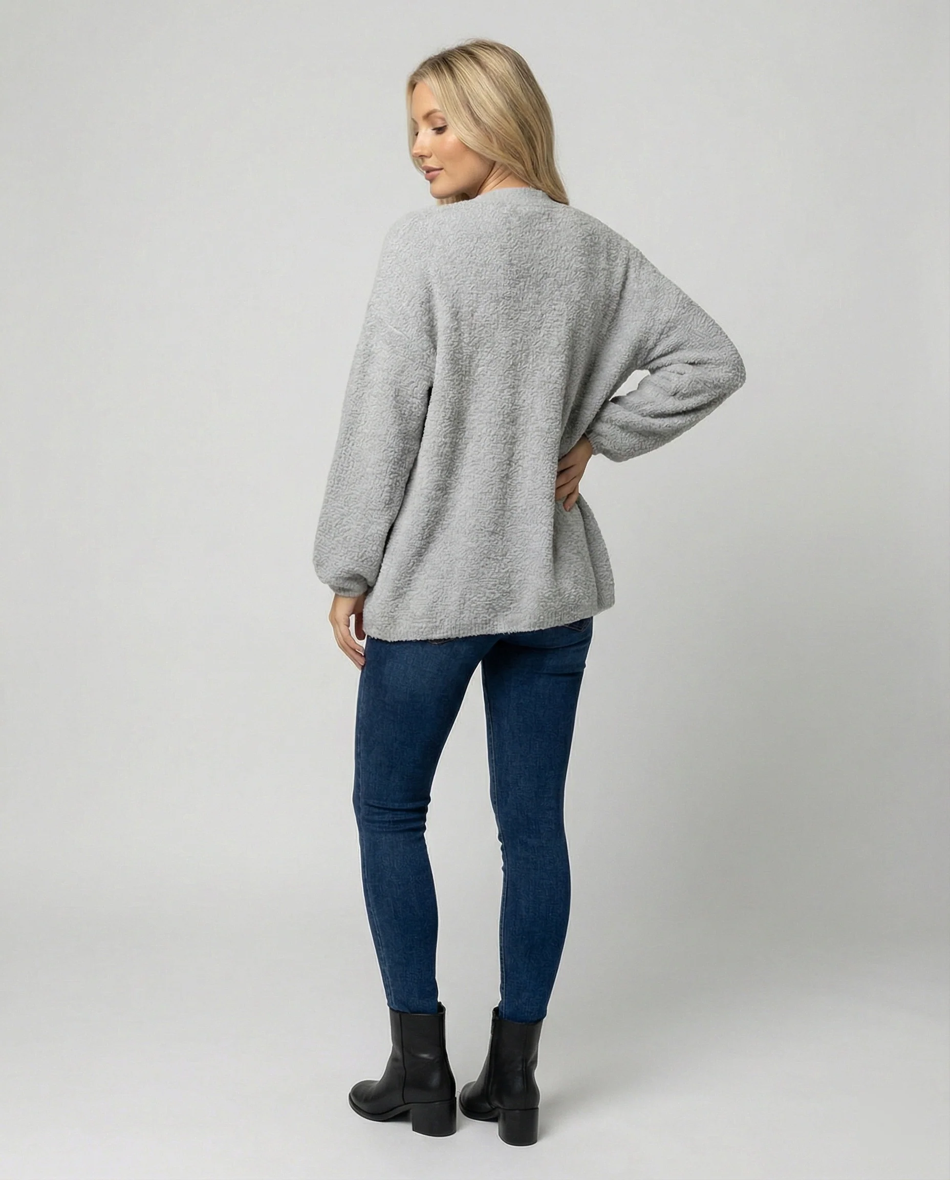 Damen offener Strukturcardigan im Mantelschnitt mit Ballonärmeln und abgerundetem Saum Heidi-Mode - Image 4