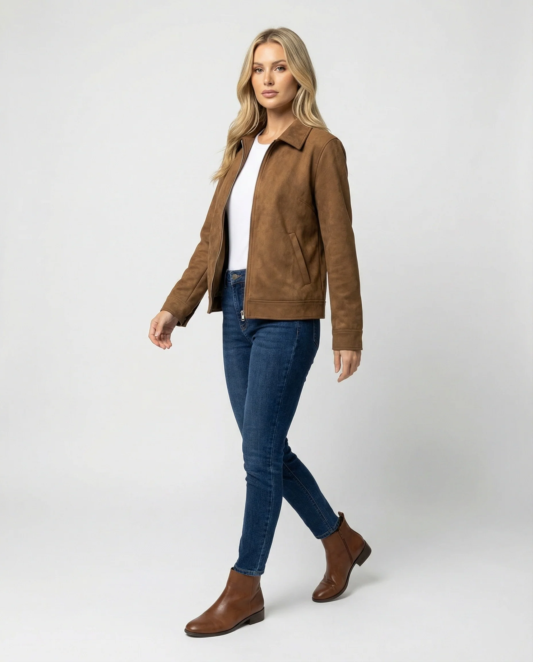 Damen Online Shop Mode lässige Oversize Velourslederjacke mit verdecktem Reißverschluss und aufgesetzten Taschen Heidi-Mode - Image 3